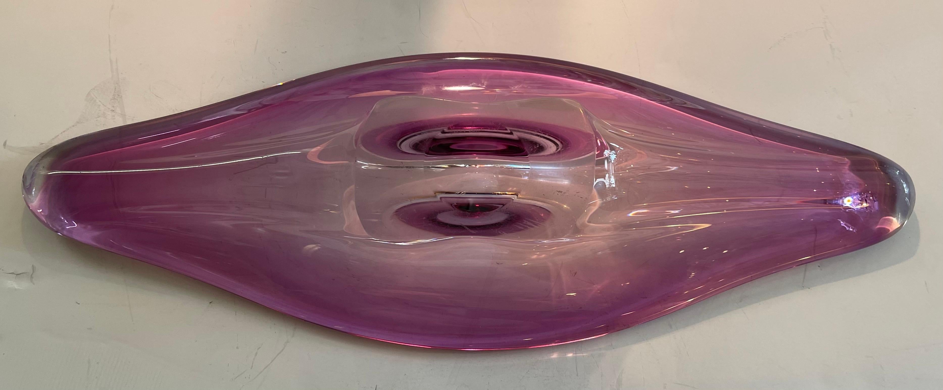 Stunning Large Amethyst Elongated Centerpiece Blown Glass Crystal Lozenge Bowl In Good Condition In Roslyn, NY