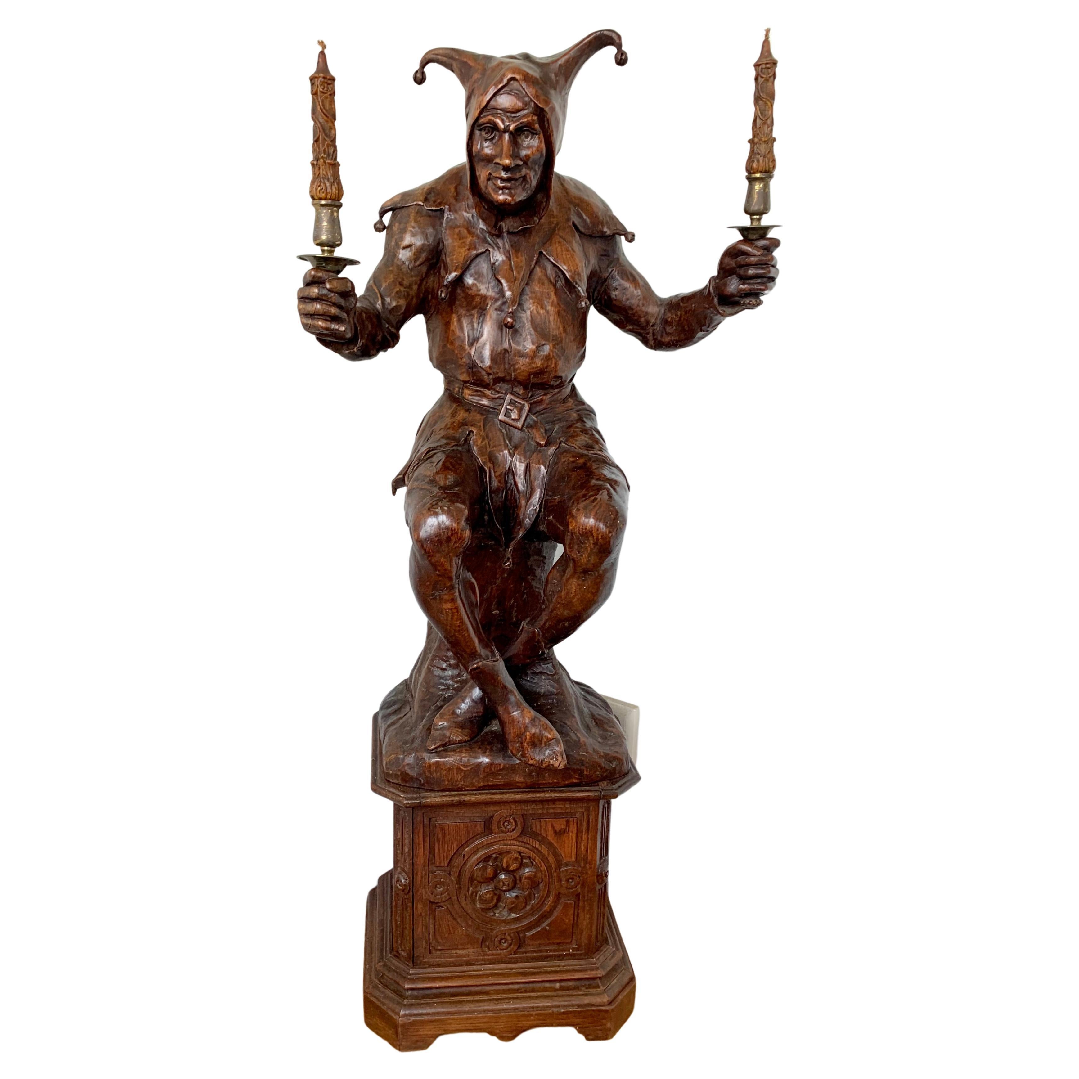Stunning, Large and Hand Carved Renaissance Revival Court Jester Sculpture