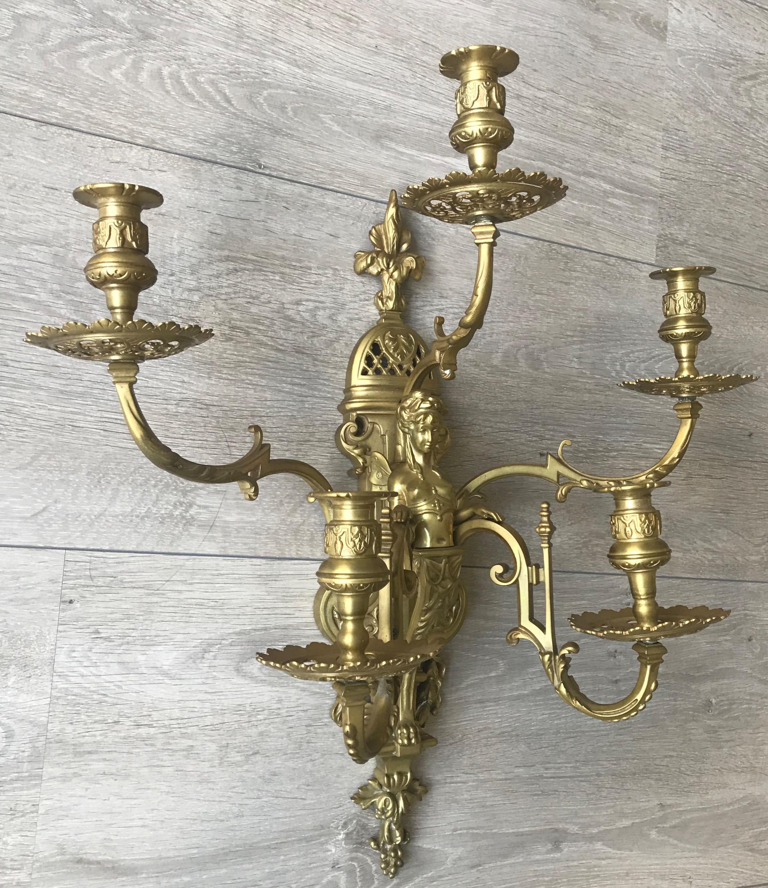 Late 19th Century Stunning & Large Antique Bronze Wall Lamp / Candle Sconce with Goddess Sculpture For Sale