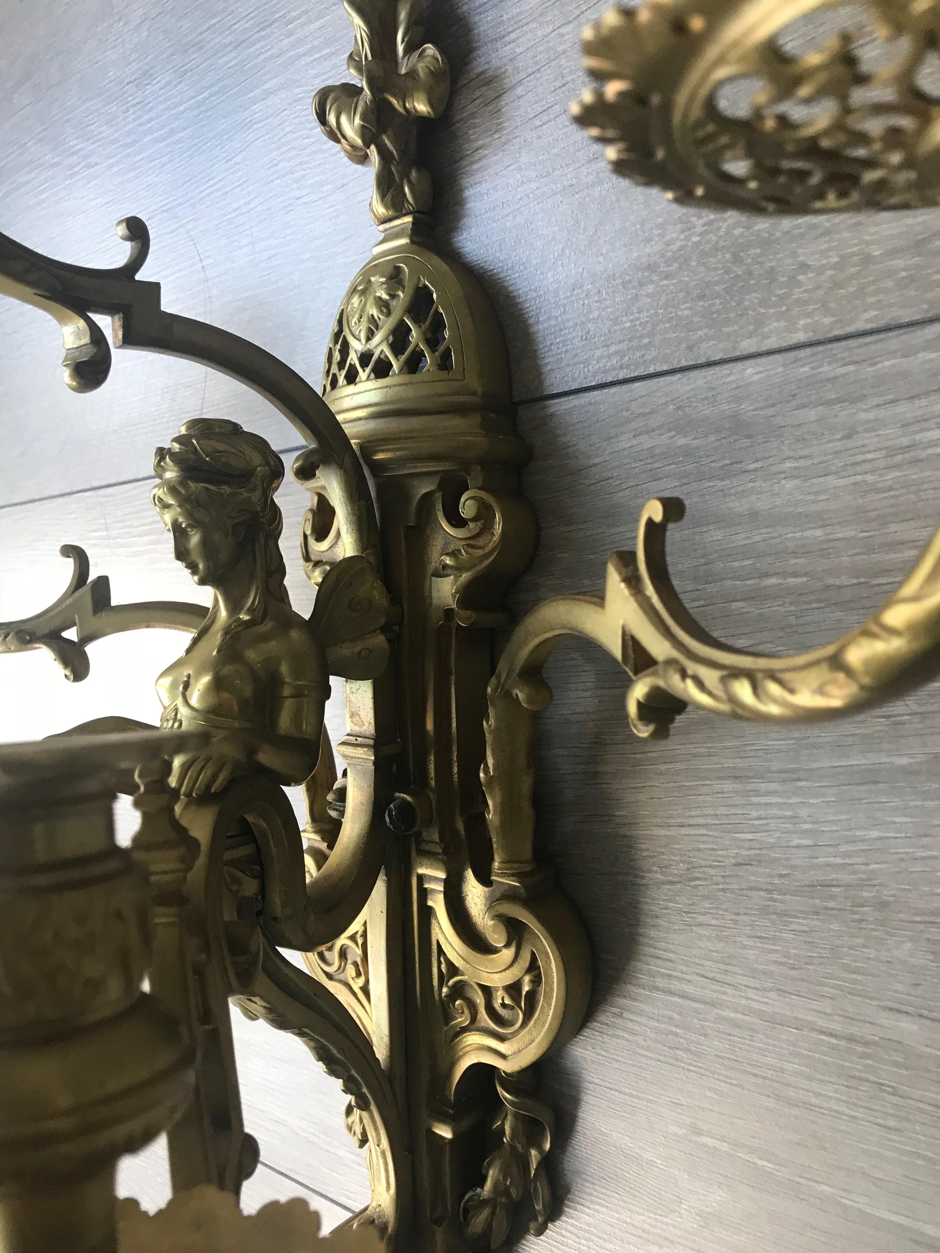 Stunning & Large Antique Bronze Wall Lamp / Candle Sconce with Goddess Sculpture For Sale 1