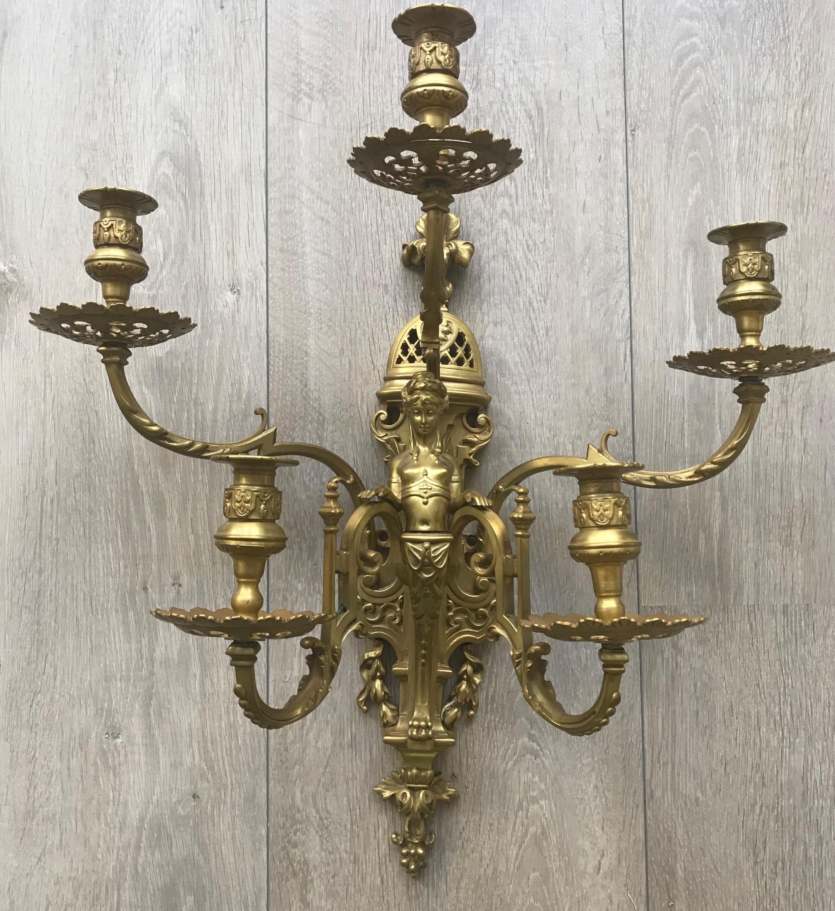 Stunning & Large Antique Bronze Wall Lamp / Candle Sconce with Goddess Sculpture For Sale 2