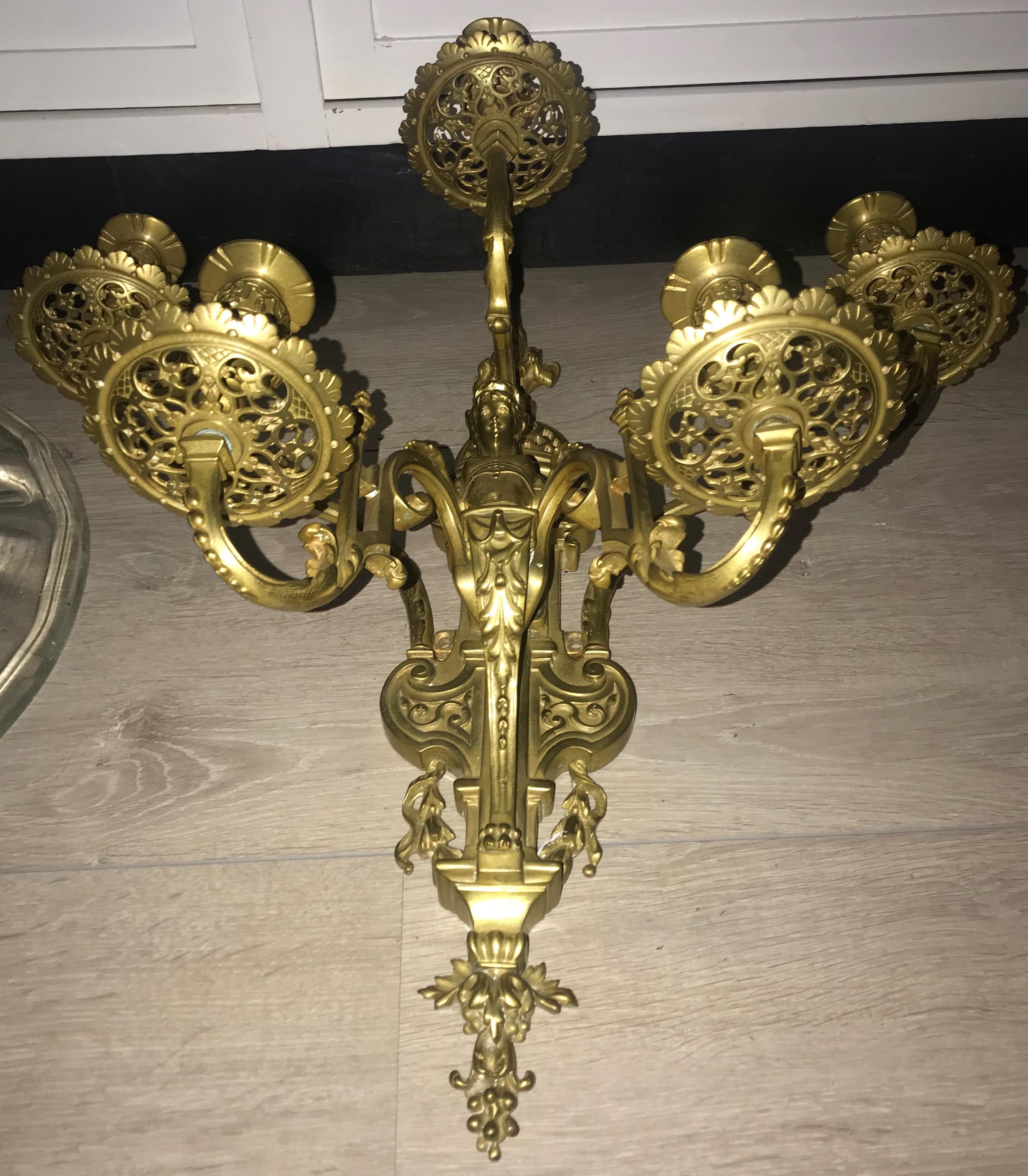 Stunning & Large Antique Bronze Wall Lamp / Candle Sconce with Goddess Sculpture For Sale 3