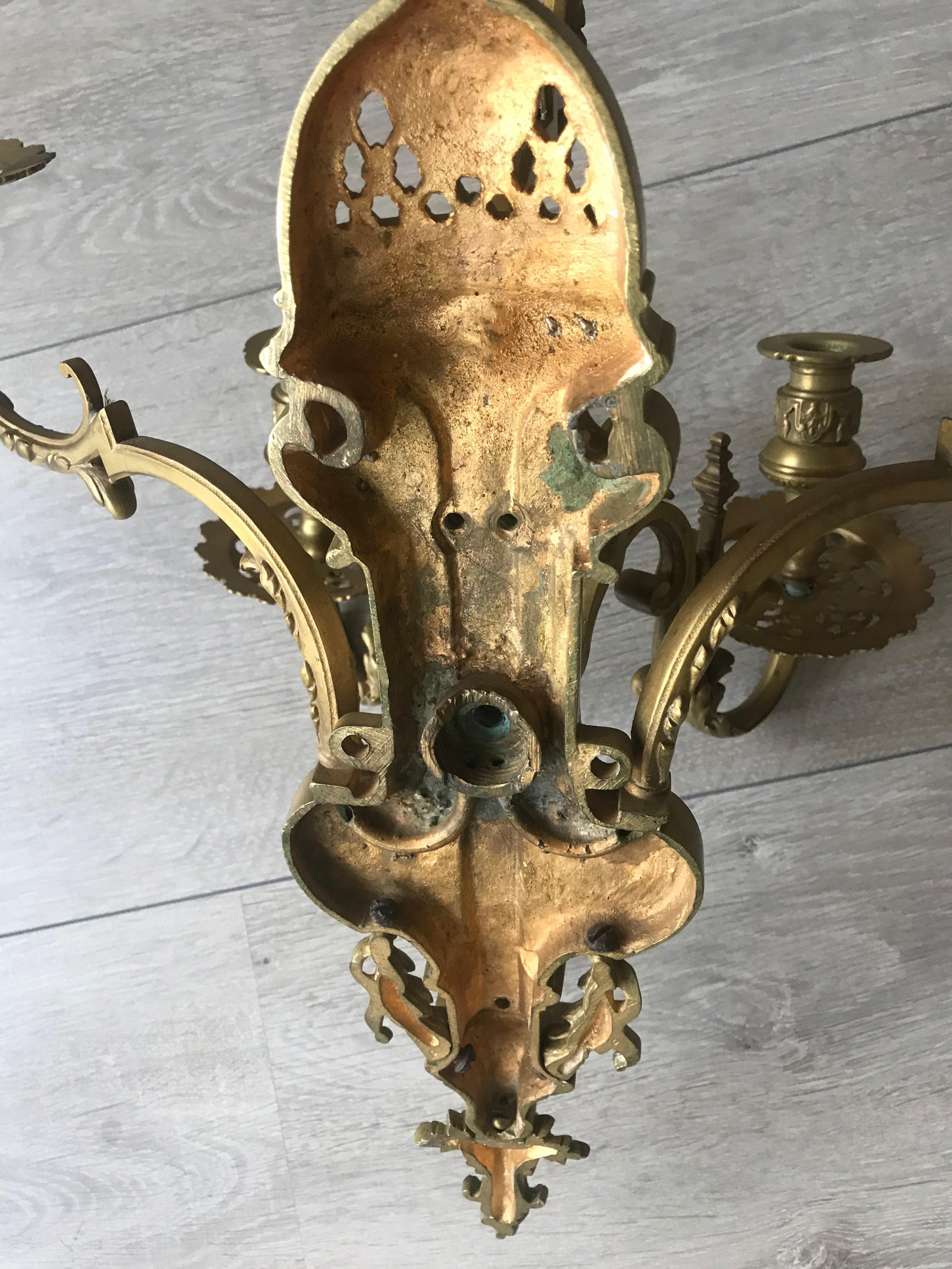Stunning & Large Antique Bronze Wall Lamp / Candle Sconce with Goddess Sculpture For Sale 4
