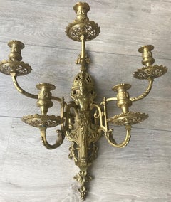 Stunning & Large Antique Bronze Wall Lamp / Candle Sconce with Goddess Sculpture