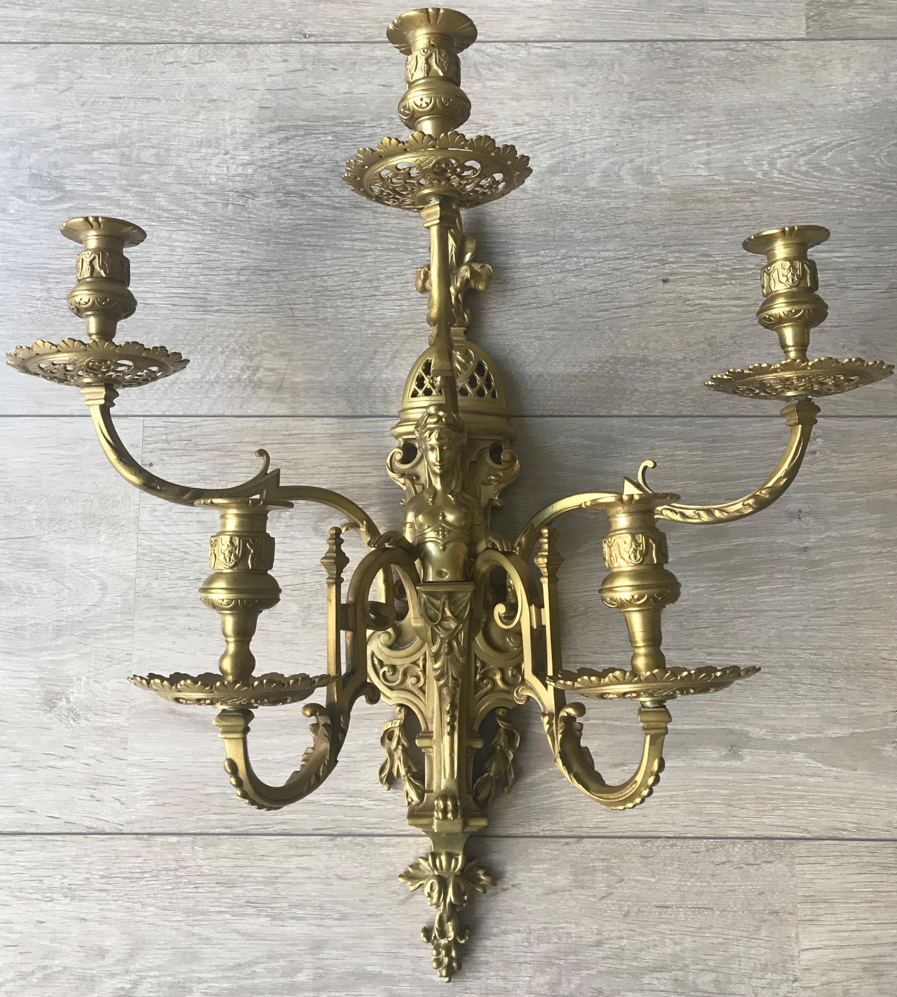 Neoclassical Revival Stunning & Large Antique Bronze Wall Lamp / Candle Sconce with Goddess Sculpture For Sale