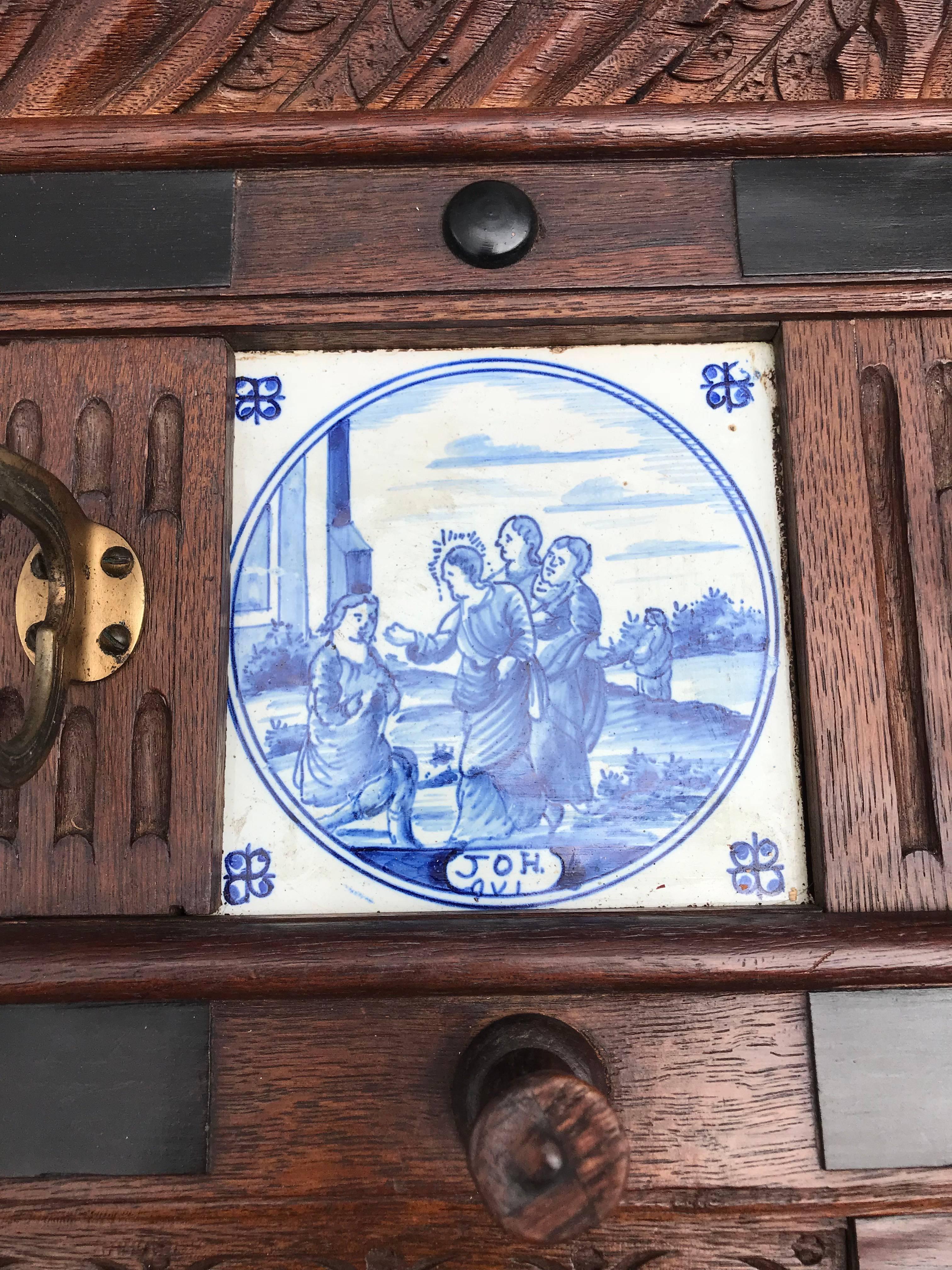 Stunning Large Antique Wall Coat Rack & Shelf w. Delft Blue Biblical Scene Tiles 1