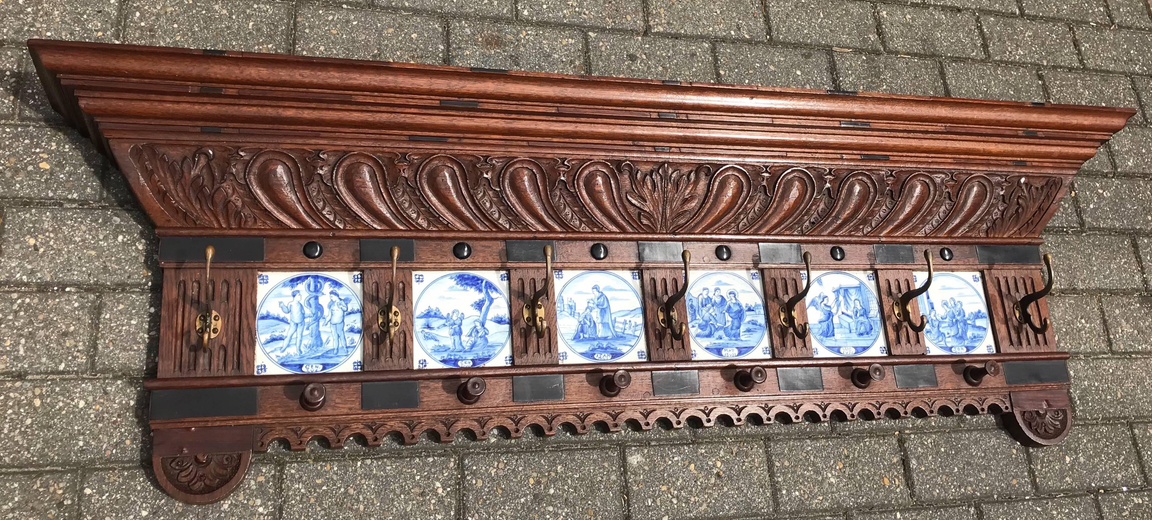 Stunning Large Antique Wall Coat Rack & Shelf w. Delft Blue Biblical Scene Tiles 7