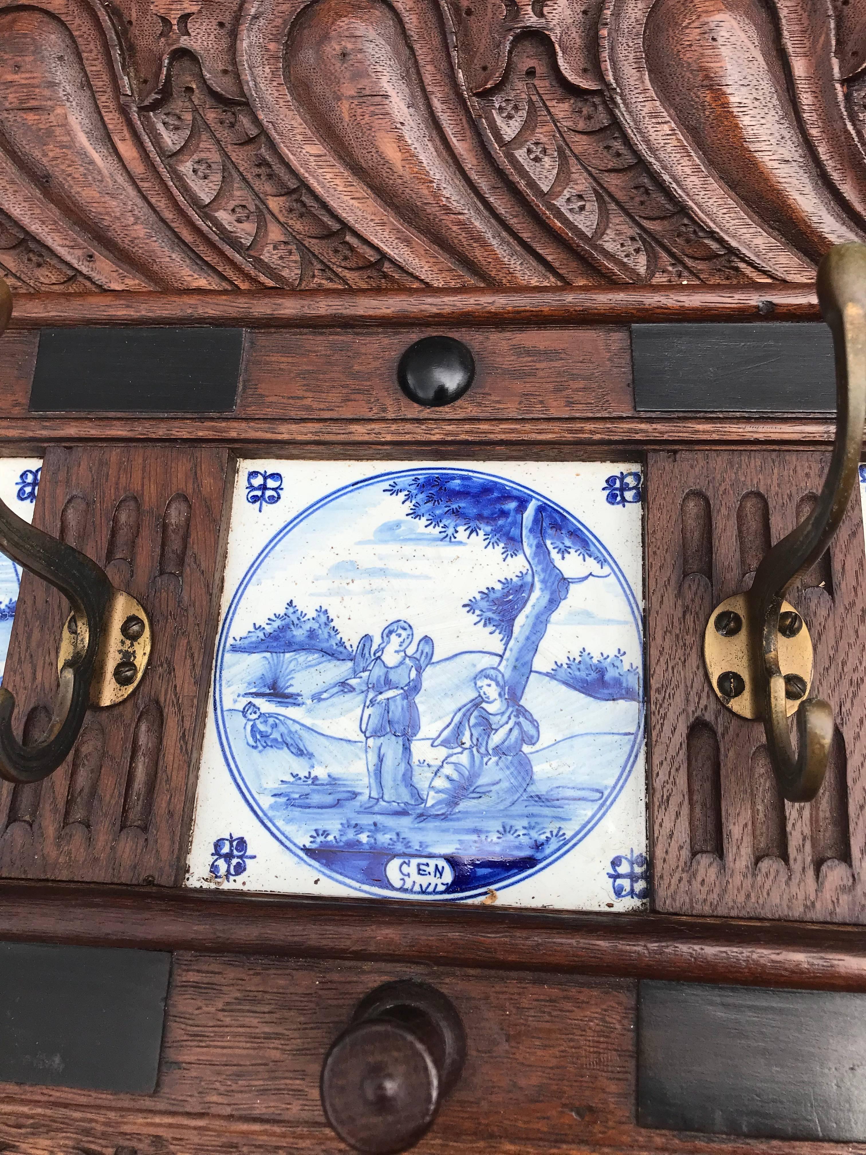 Dutch Stunning Large Antique Wall Coat Rack & Shelf w. Delft Blue Biblical Scene Tiles