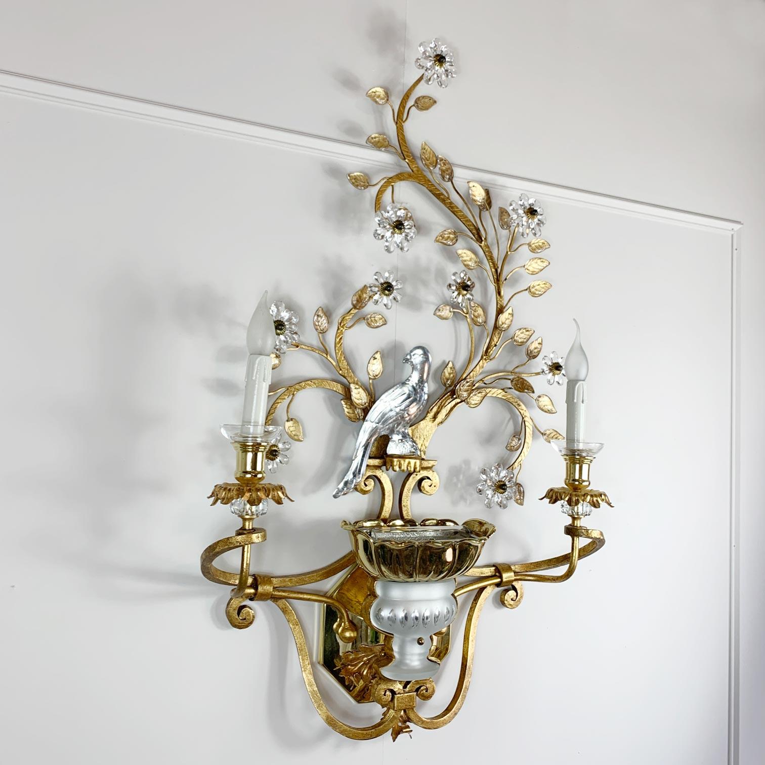 Hollywood Regency Stunning Large Banci Firenze Gold Crystal Parrot Wall Light For Sale