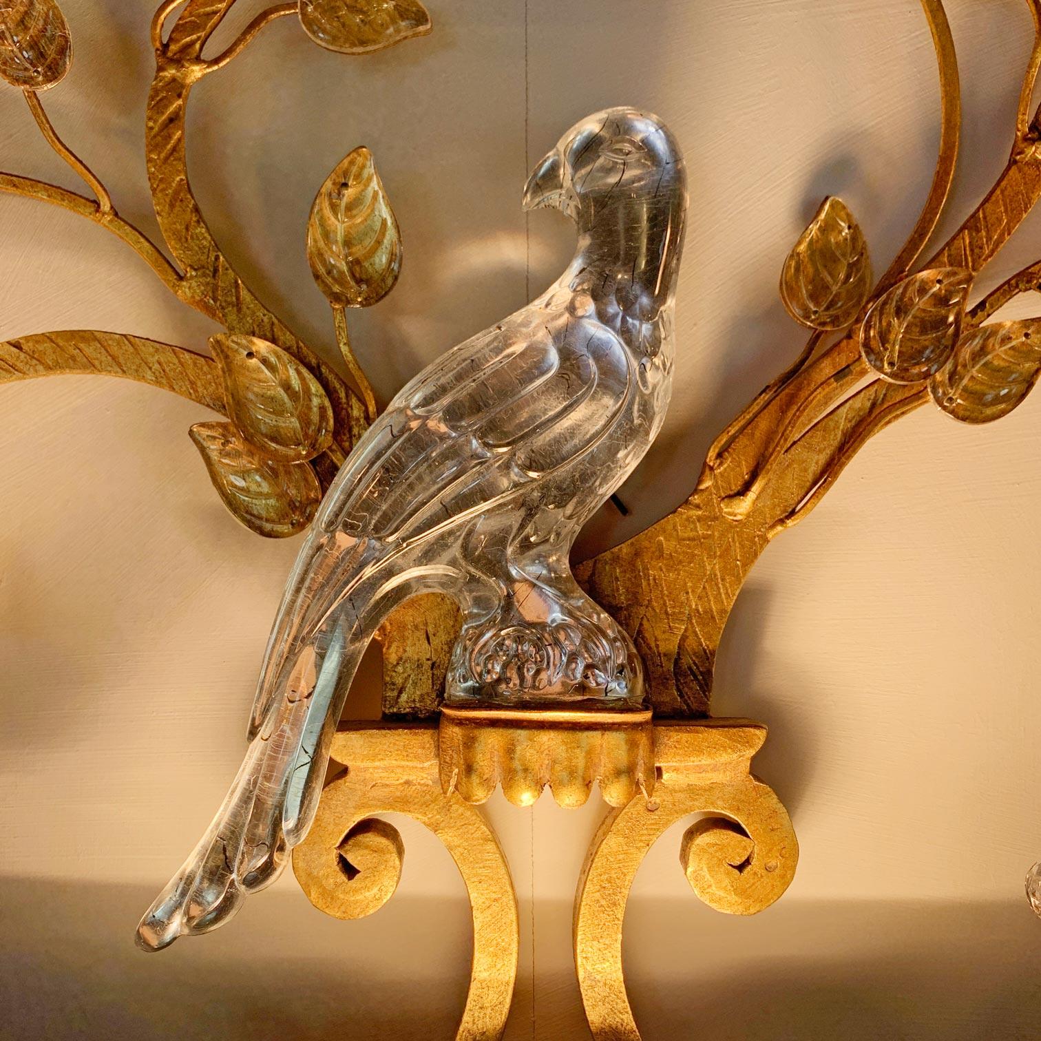 Italian Stunning Large Banci Firenze Gold Crystal Parrot Wall Light For Sale