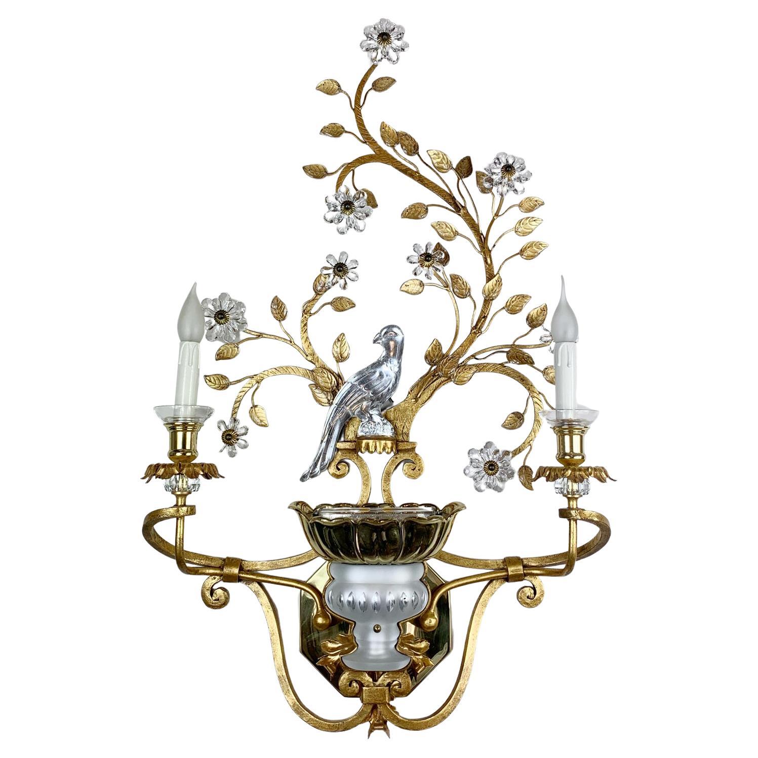 Stunning Large Banci Firenze Gold Crystal Parrot Wall Light For Sale