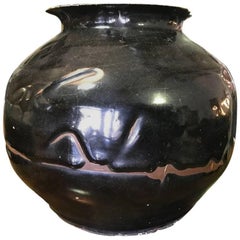 Vintage Stunning Large Black Crackle Glazed Ceramic/ Earthenware Signed Pot