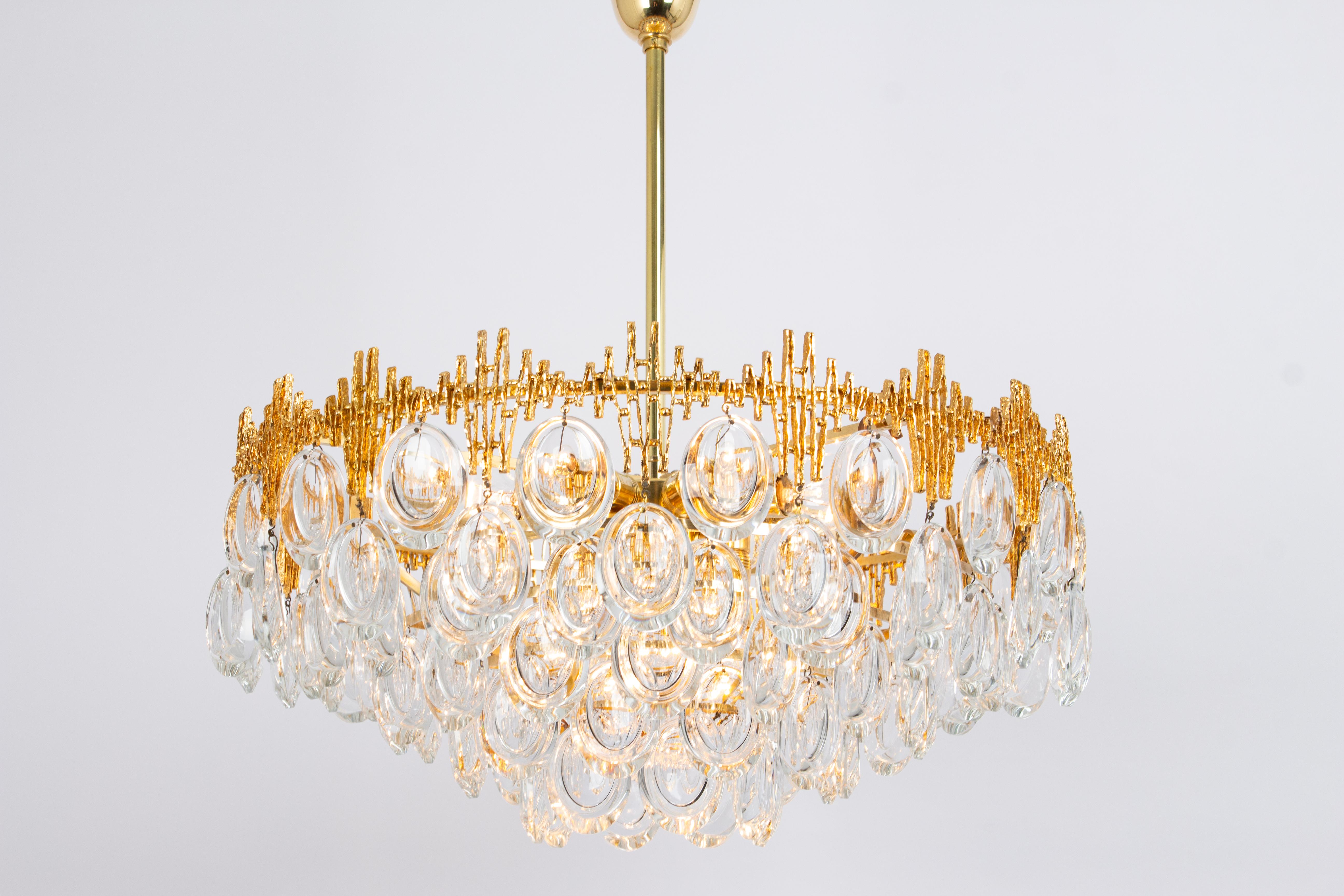 Stunning Large Brass and Crystal Chandelier, by Palwa, Germany, 1970s For Sale 4
