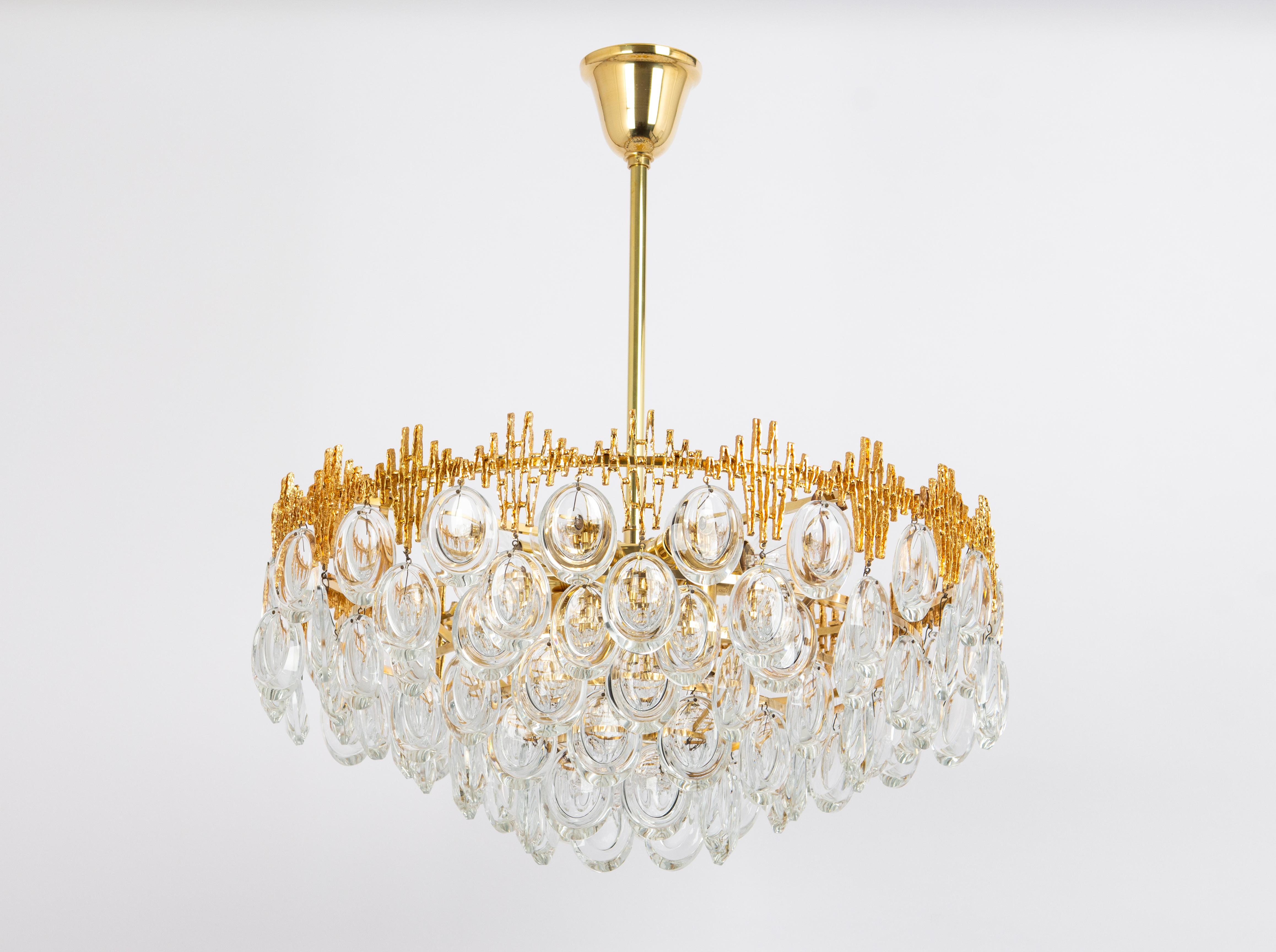 Mid-Century Modern Stunning Large Brass and Crystal Chandelier, by Palwa, Germany, 1970s For Sale