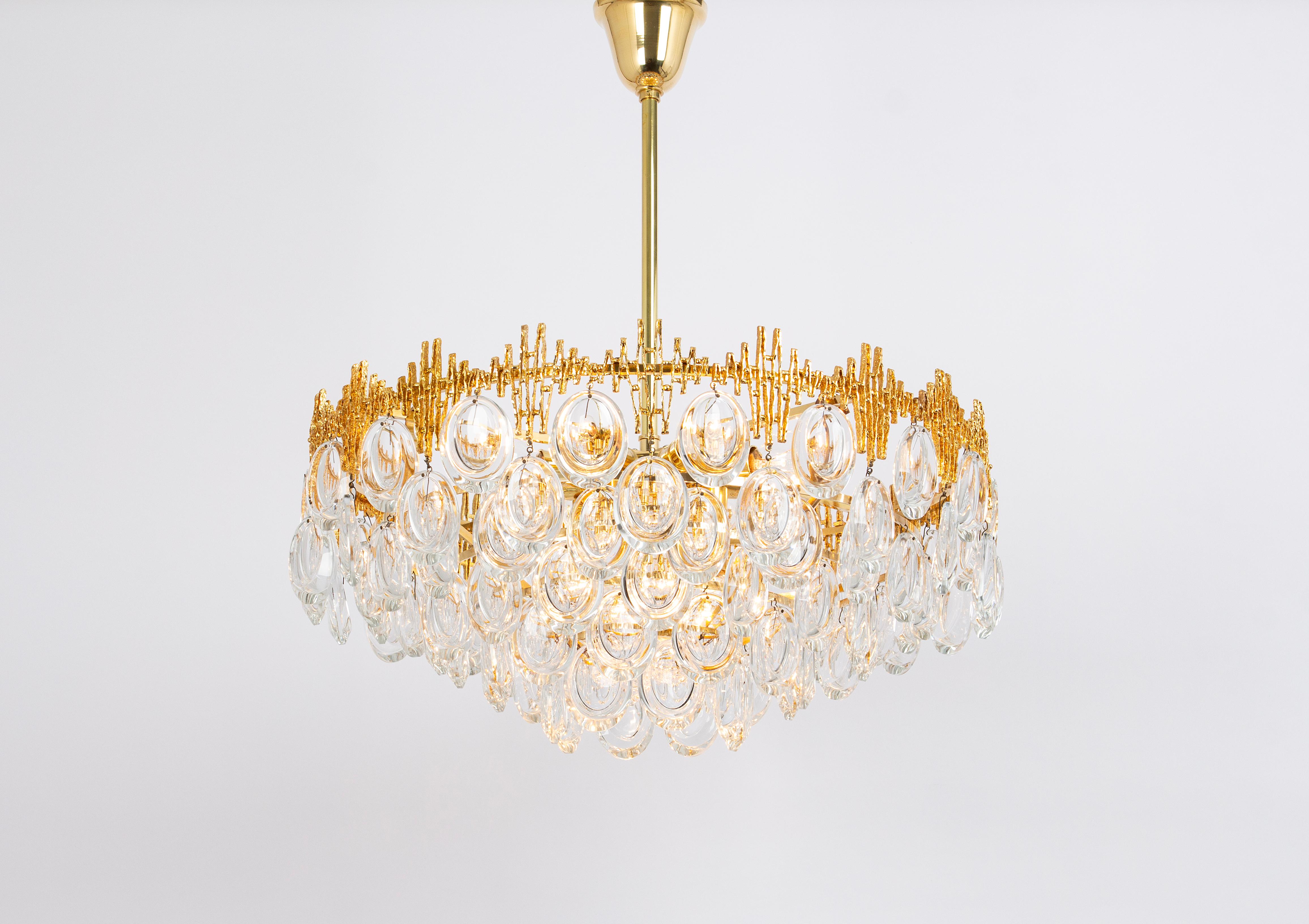 Gold Plate Stunning Large Brass and Crystal Chandelier, by Palwa, Germany, 1970s For Sale