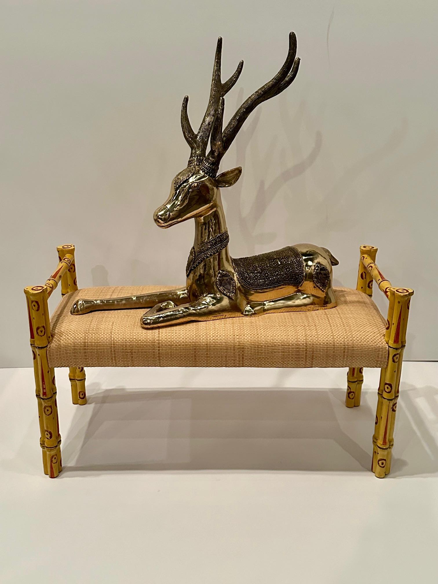 Striking large cast brass recumbent deer, attributed to Sarreid, having beautiful details to the antlers and saddle.

Professionally polished and lacquered
