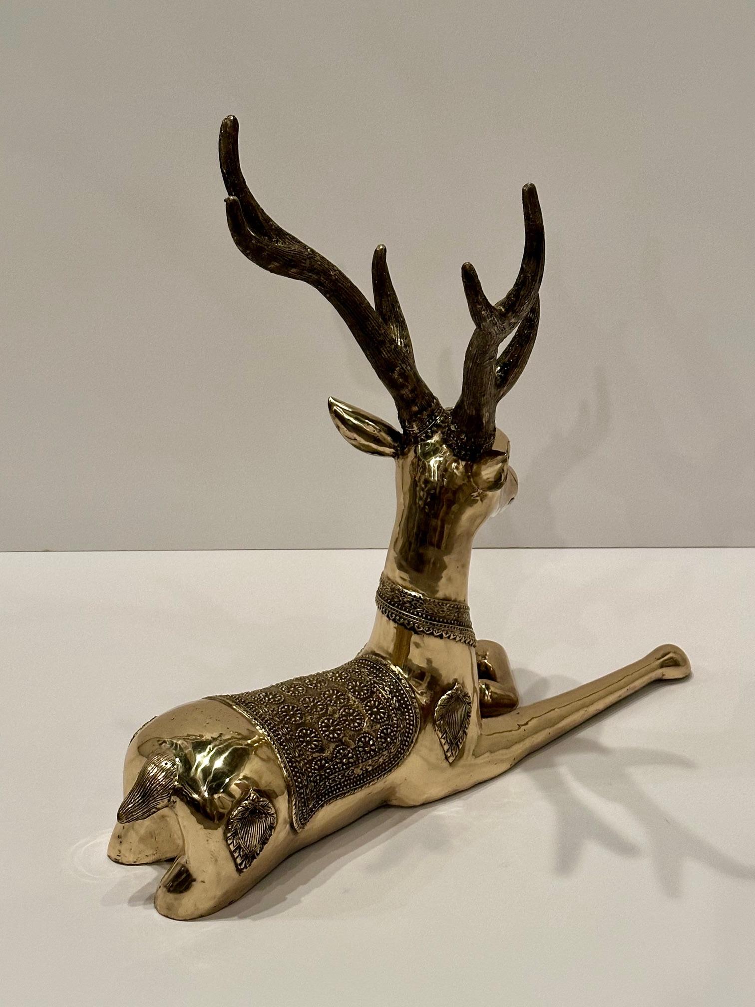 Hollywood Regency Stunning Large Brass Recumbent Deer Sculpture