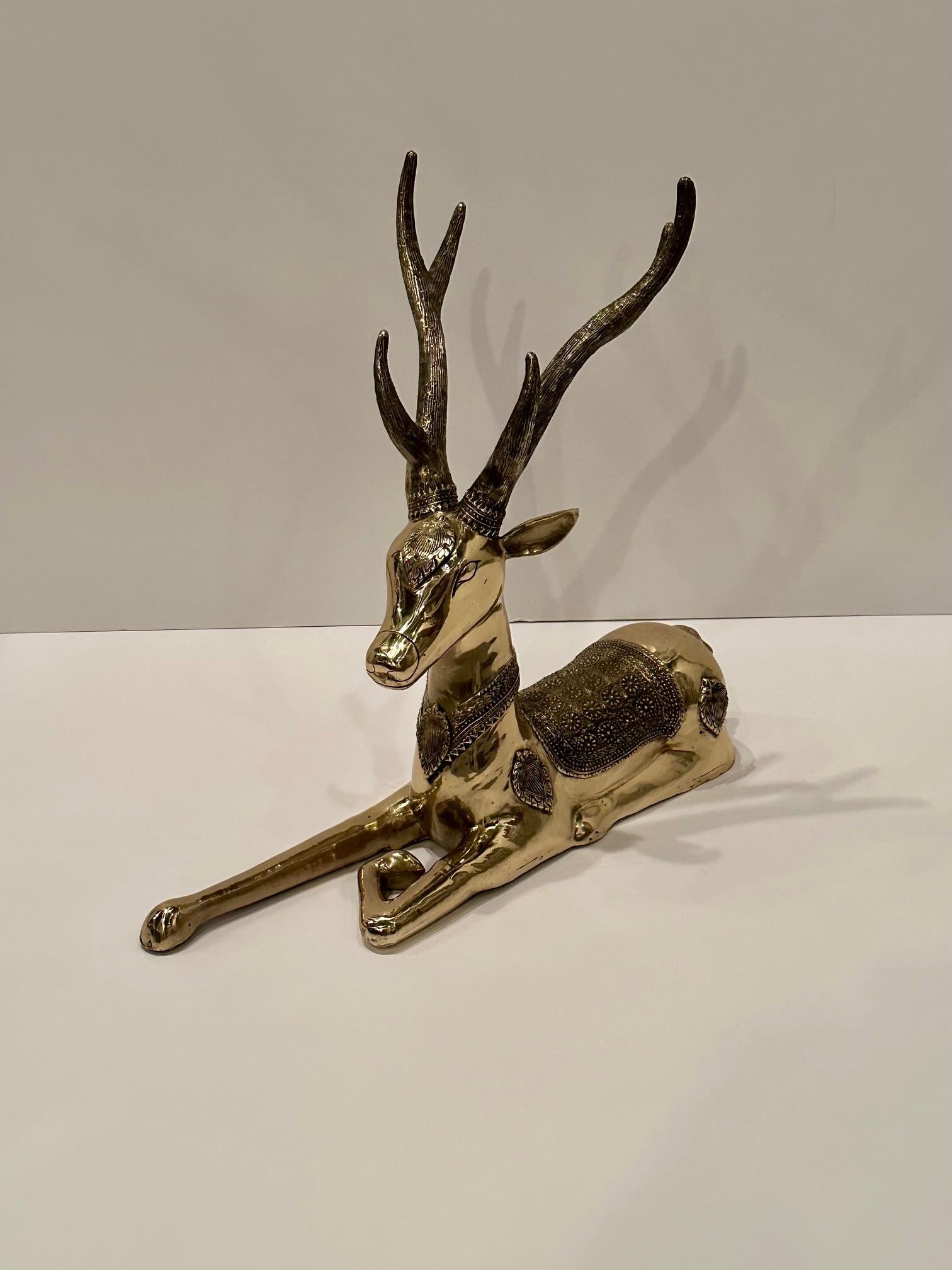 Stunning Large Brass Recumbent Deer Sculpture In Excellent Condition In Hopewell, NJ