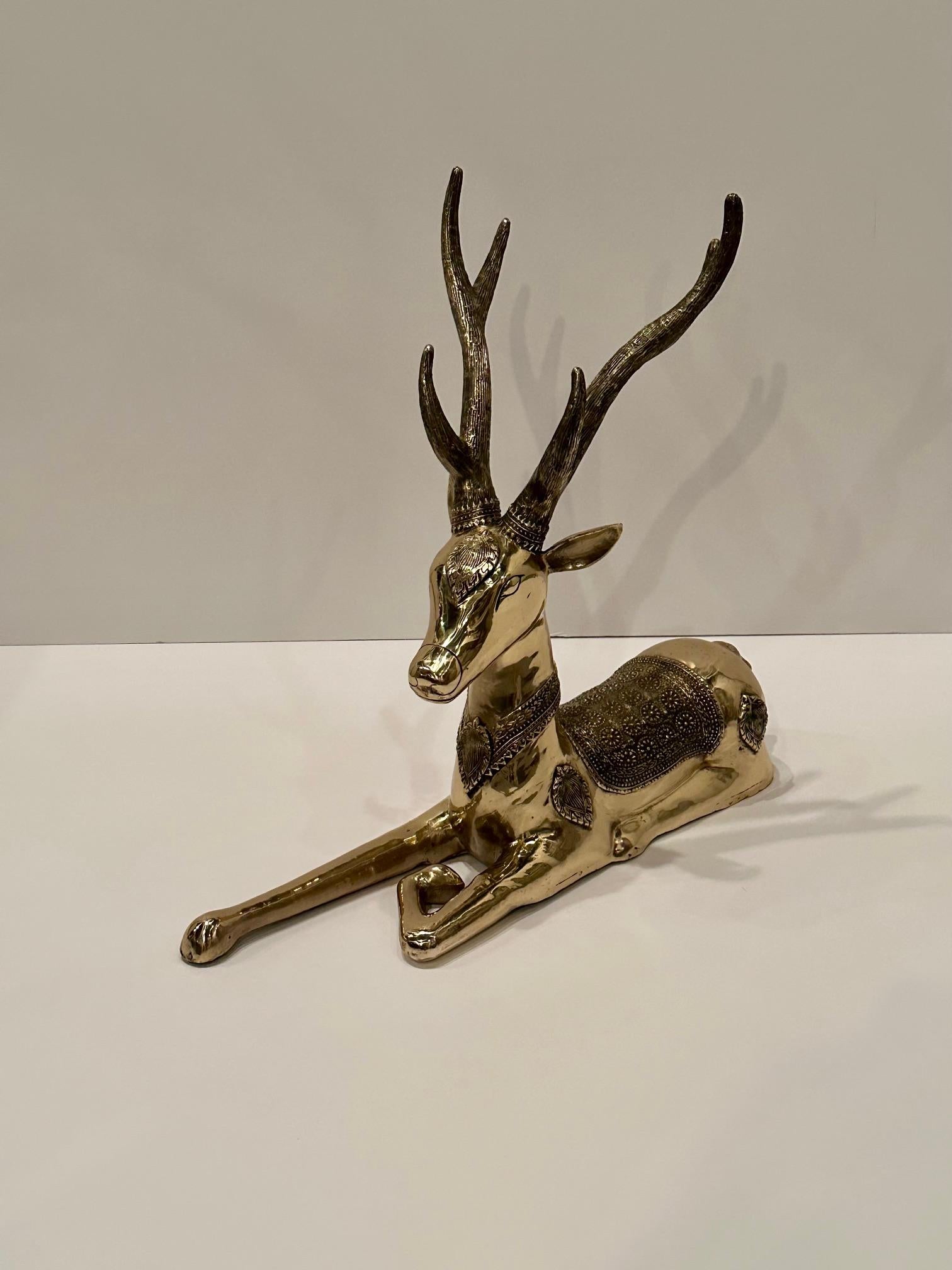 Mid-20th Century Stunning Large Brass Recumbent Deer Sculpture