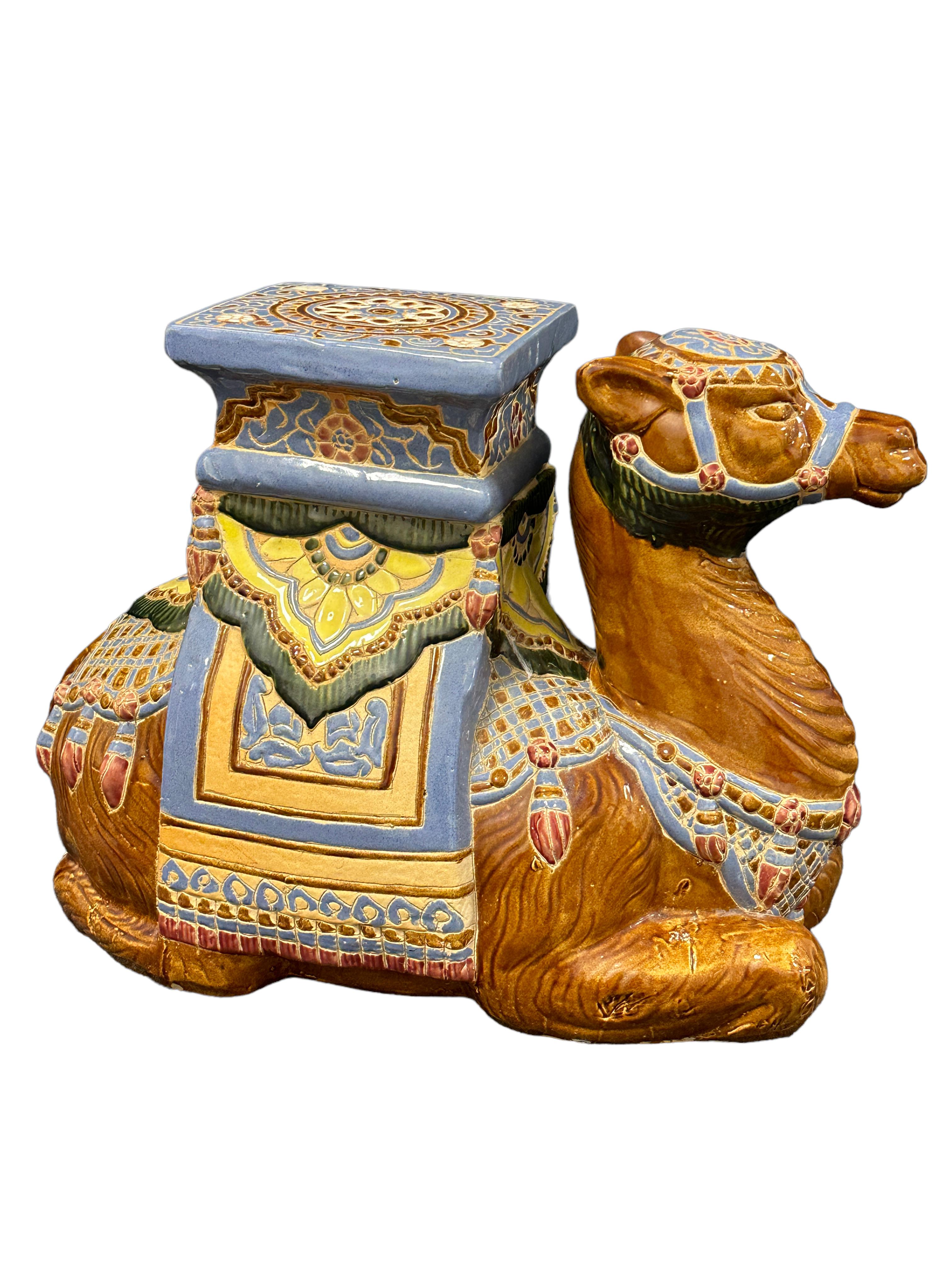 Mid-20th century earthenware ceramic camel garden stool, flower pot seat or side table. Handcrafted ceramic. Nice addition to your home, patio or garden area. Stunning large and in a superb color, never seen before. Makes also a great addition to