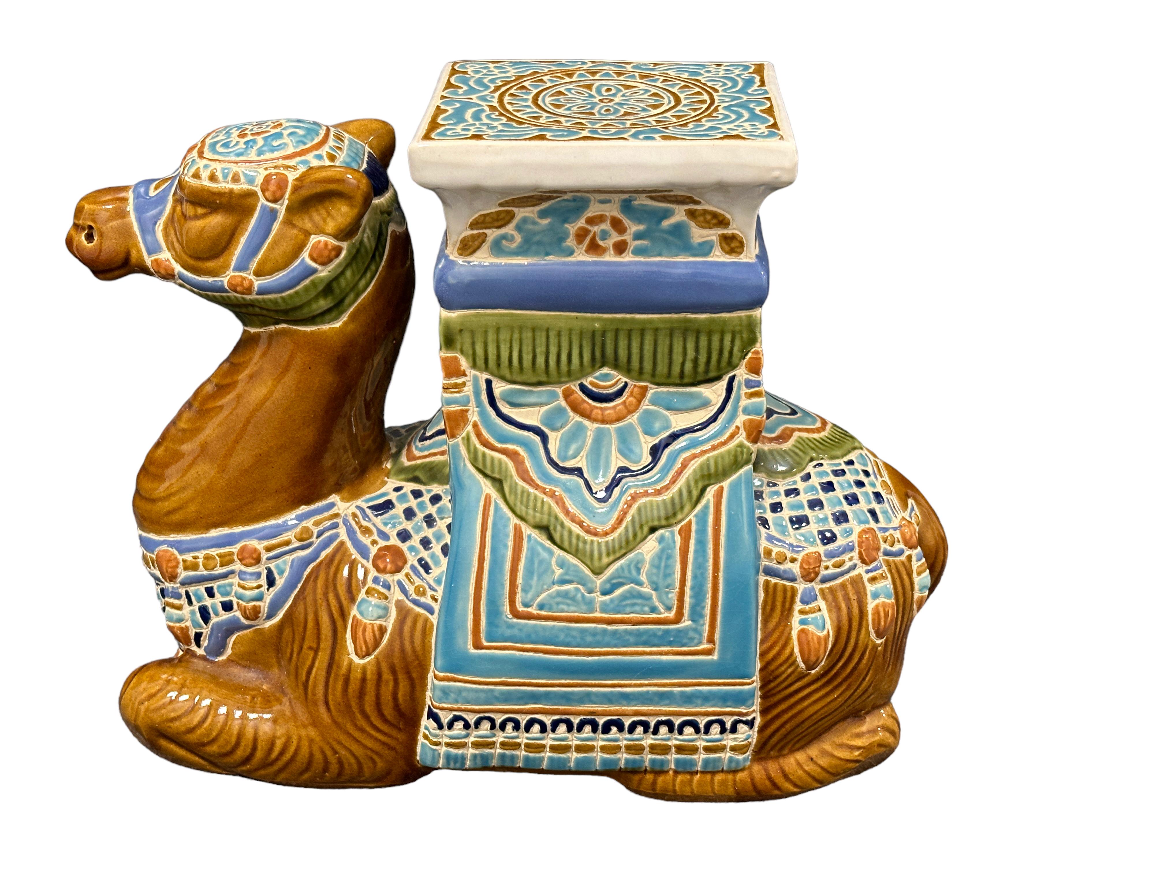 German Stunning Large Ceramic Hollywood Regency Camel Garden Stool or Side Table