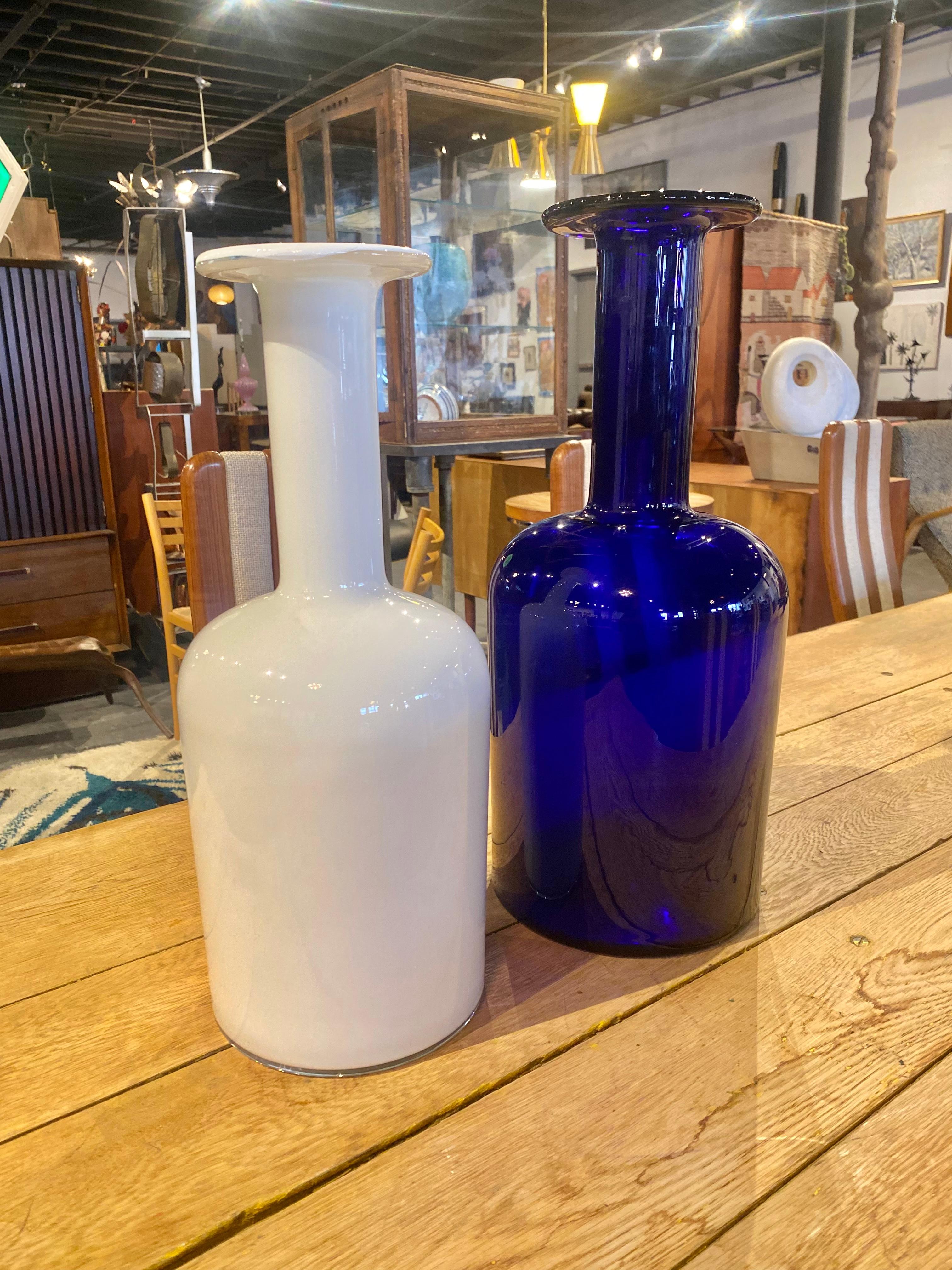 Iconic blue glass Scandinavian bottle or vase designed by Otto Brauer for Holmegaard, made in Denmark  1959 -1960s.