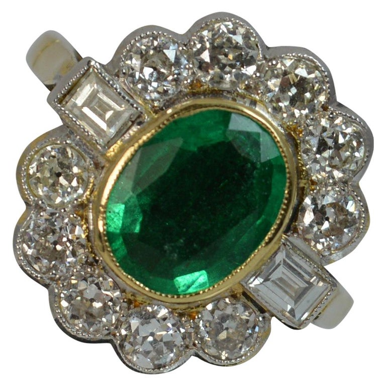 Stunning Large Emerald 1.30 Carat Old Cut Diamond 18 Carat Gold Cluster ...