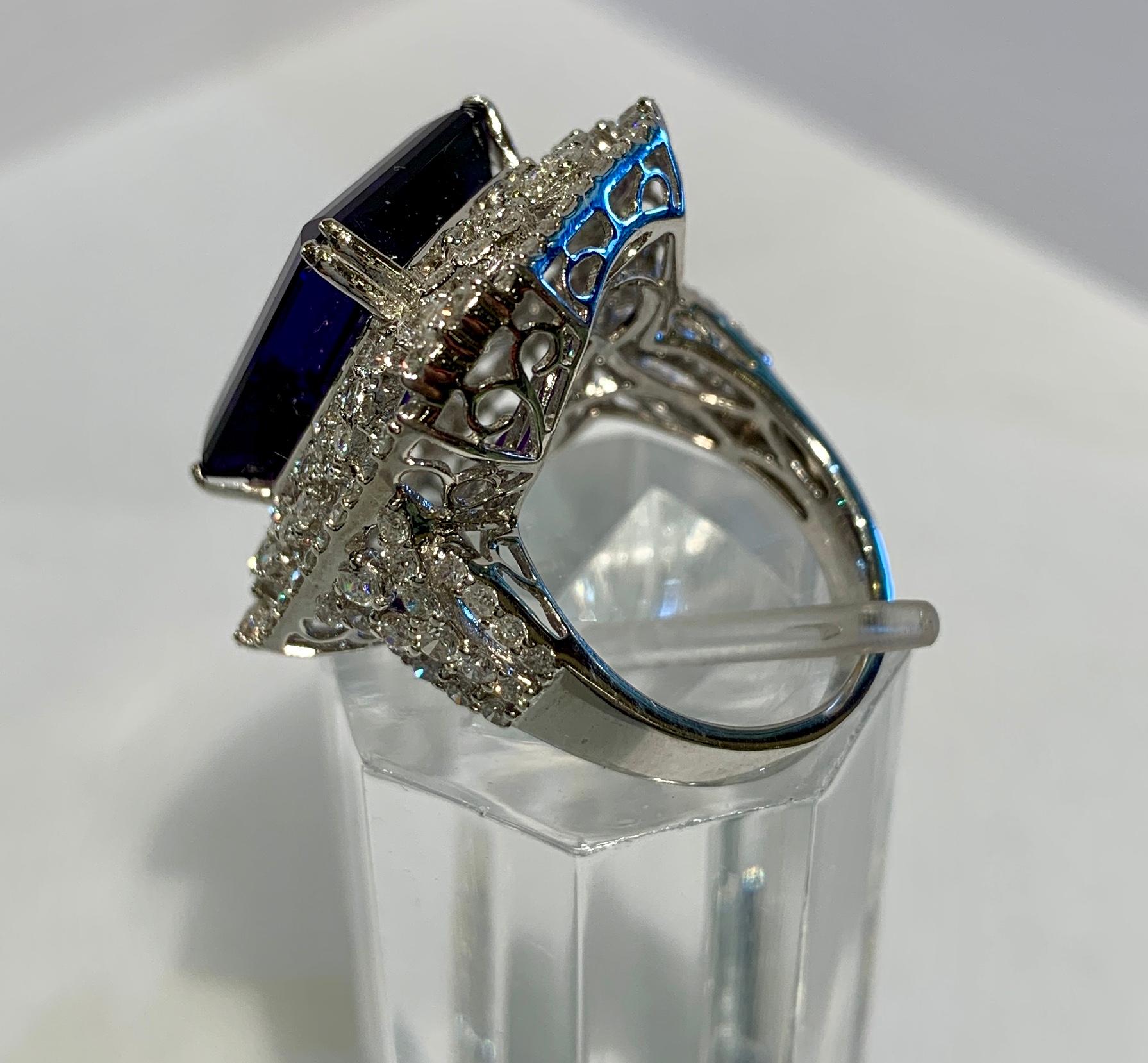 Stunning Large Emerald Cut Siberian Amethyst Diamond Ring in 18 Karat White Gold 12