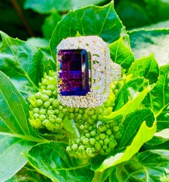 Stunning Large Emerald Cut Siberian Amethyst Diamond Ring in 18 Karat White Gold