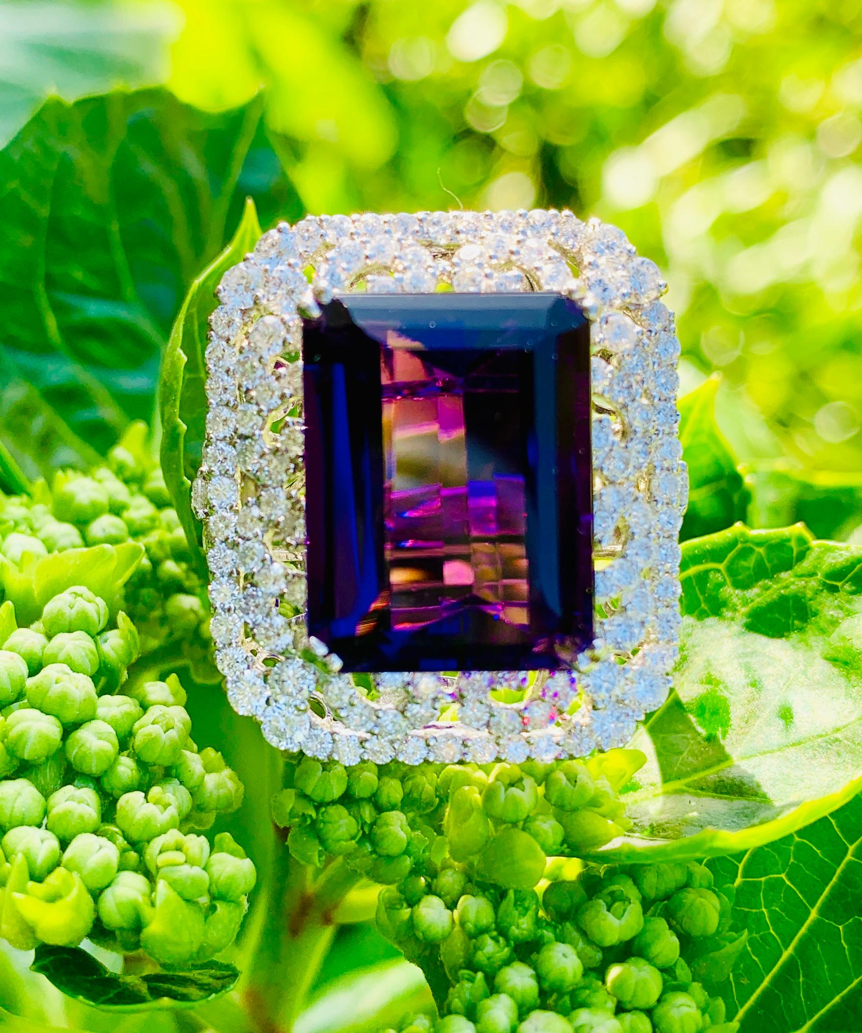Contemporary Stunning Large Emerald Cut Siberian Amethyst Diamond Ring in 18 Karat White Gold