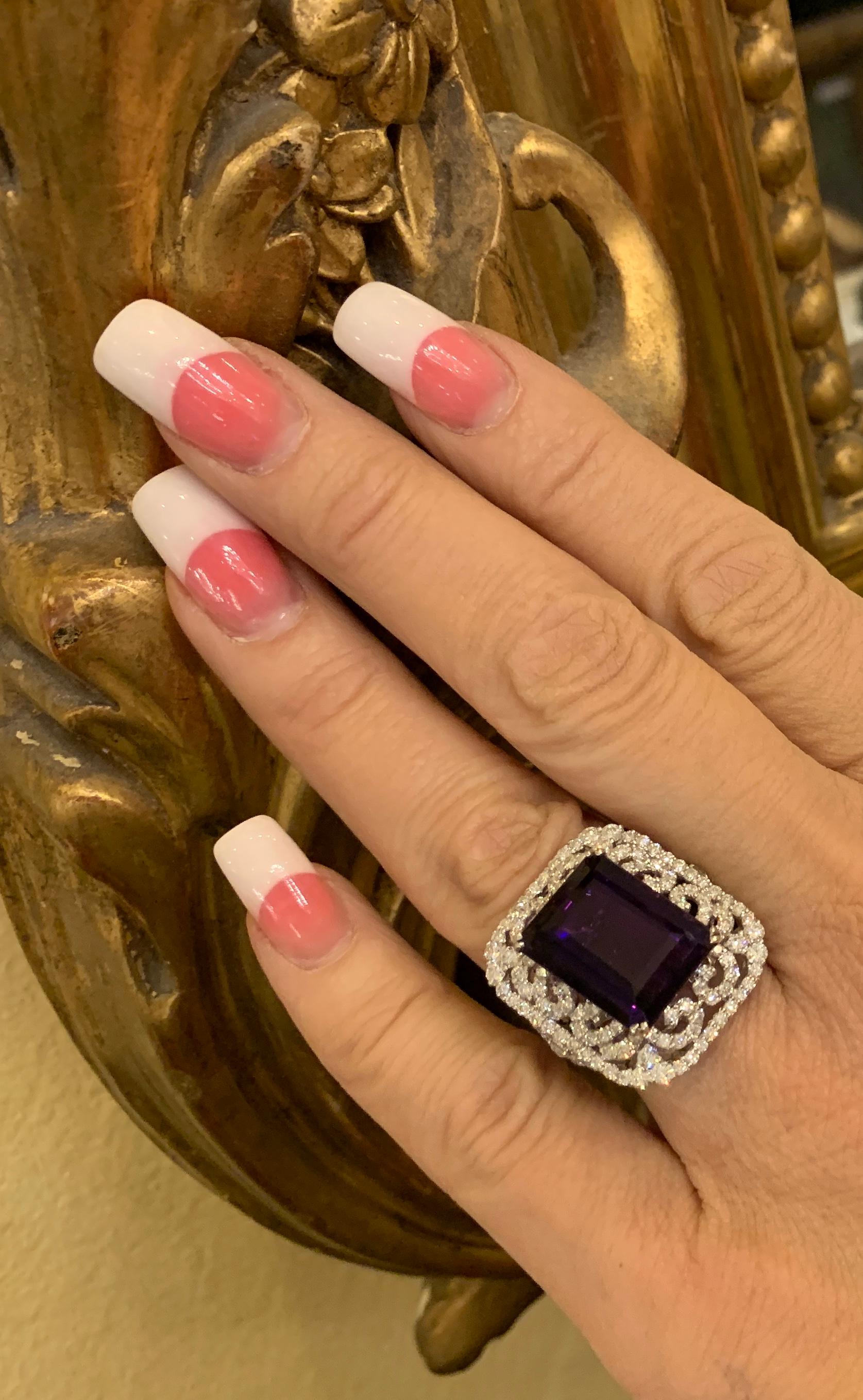 Stunning Large Emerald Cut Siberian Amethyst Diamond Ring in 18 Karat White Gold In Excellent Condition In Tustin, CA