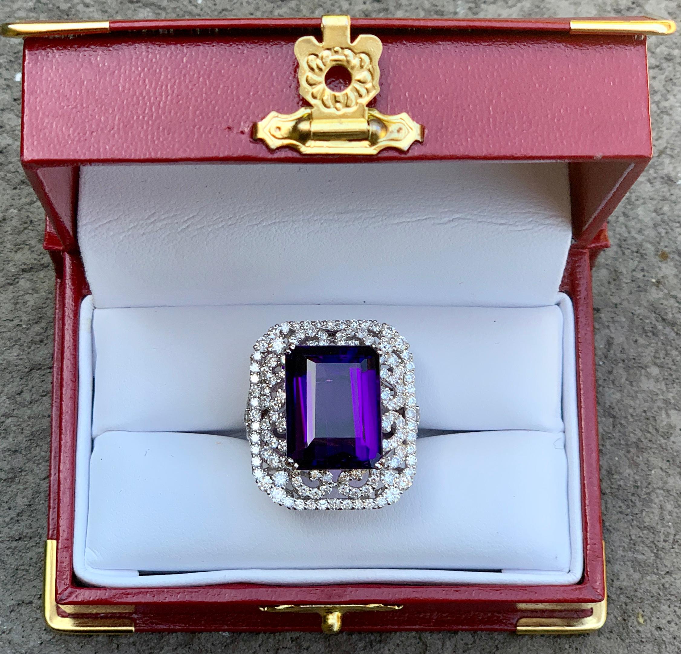 Women's Stunning Large Emerald Cut Siberian Amethyst Diamond Ring in 18 Karat White Gold
