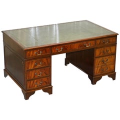 Stunning Large Flamed Mahogany Twin Pedestal Partner Desk with Green Leather Top