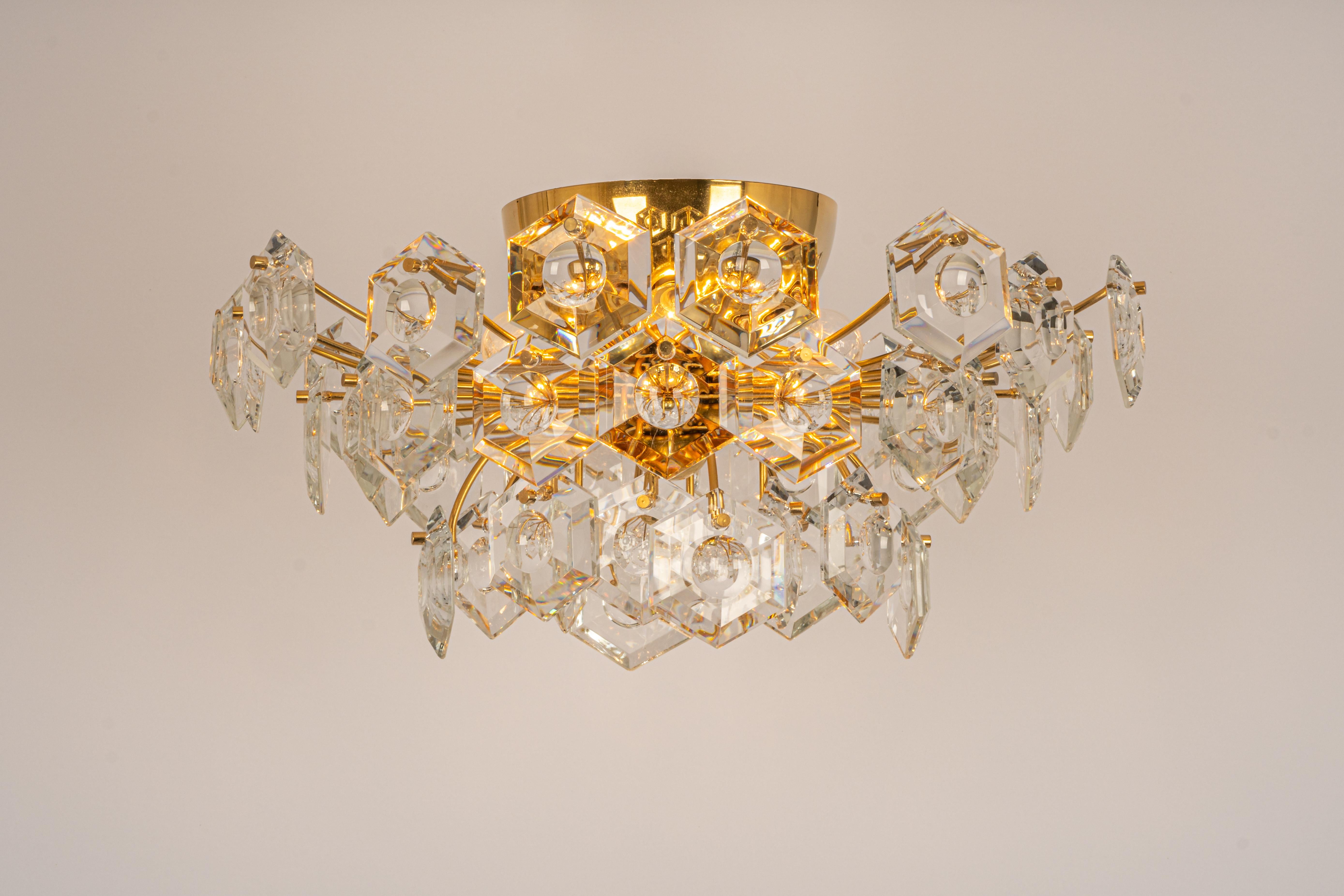 Late 20th Century Stunning Large Flush Mount, Brass and Crystal Glass by Kinkeldey, Germany, 1970s For Sale