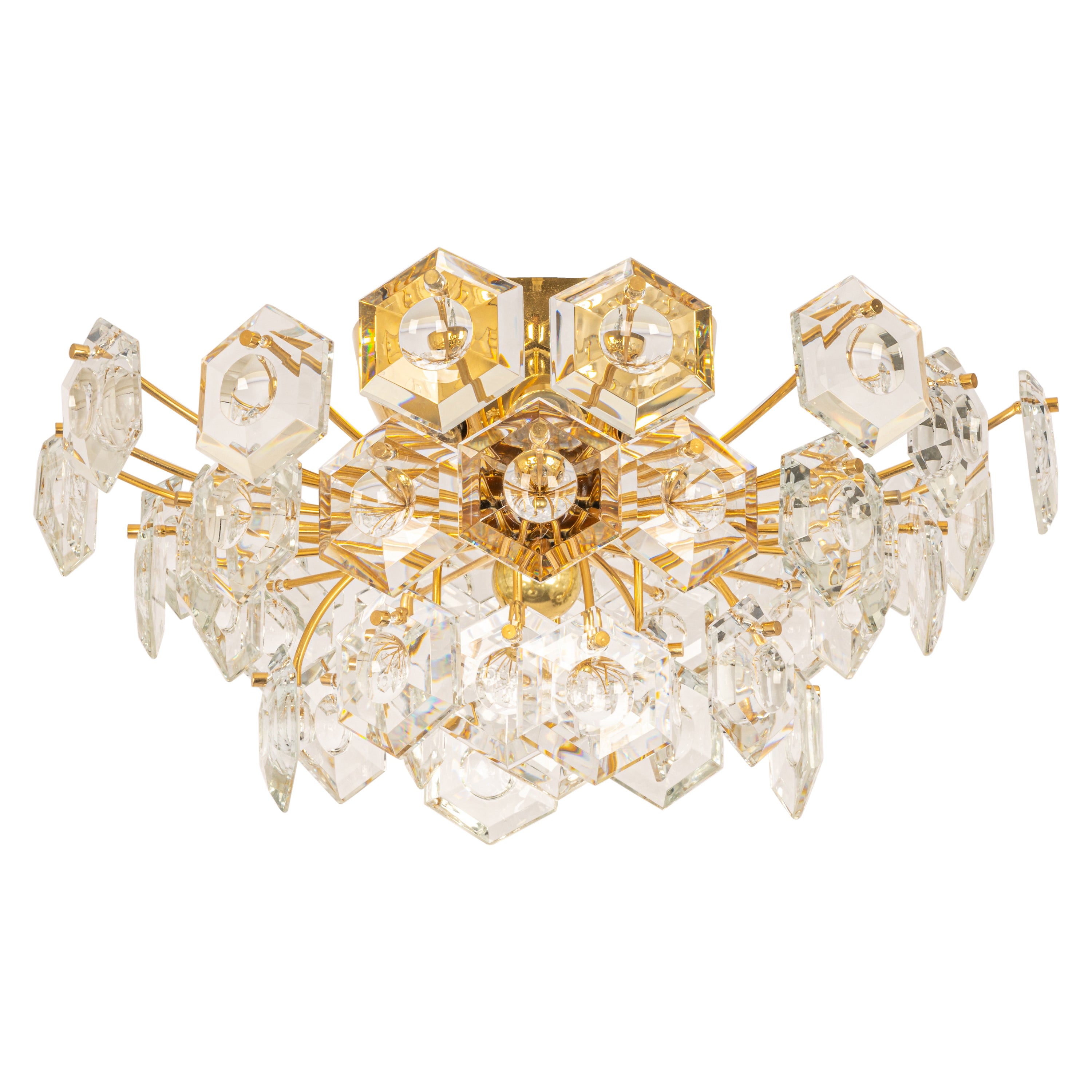 Superbe grand luminaire encastré en laiton et verre de cristal de Kinkeldey, Allemagne, 1970