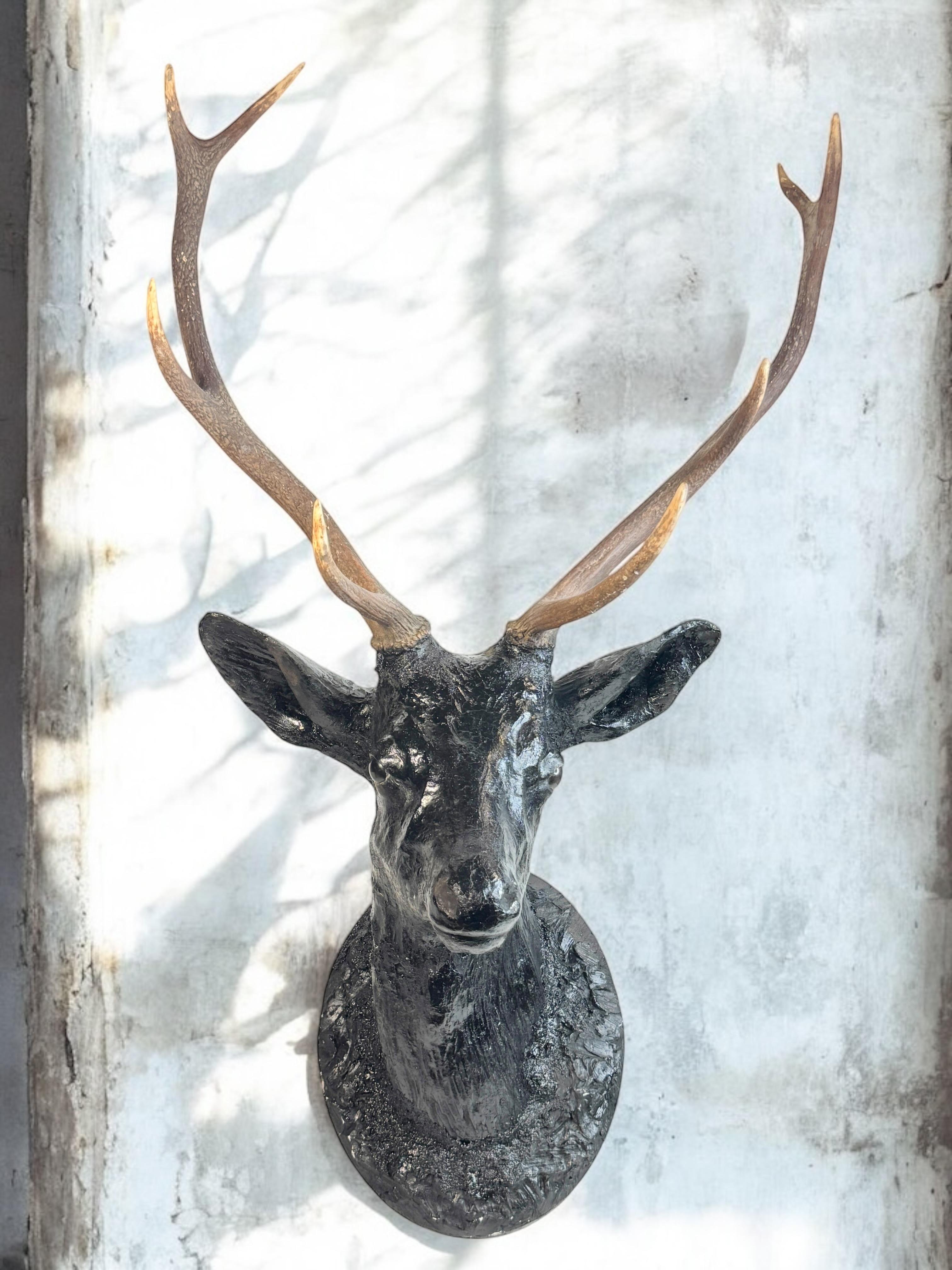 Superbe tête de cerf sculptée en bois d'art populaire avec de vrais bois, Autriche, années 1910 en vente 2