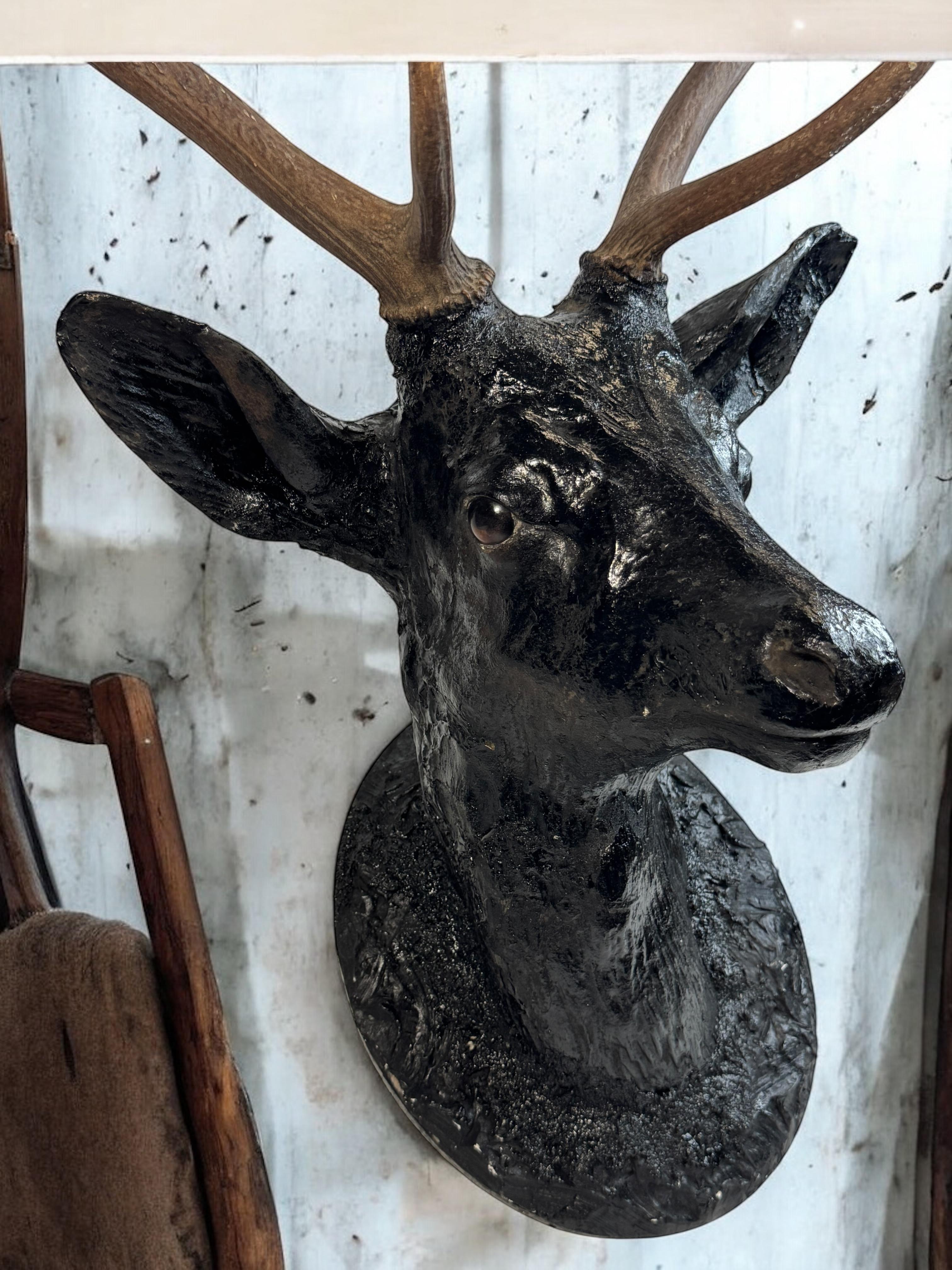Superbe tête de cerf sculptée en bois d'art populaire avec de vrais bois, Autriche, années 1910 en vente 9
