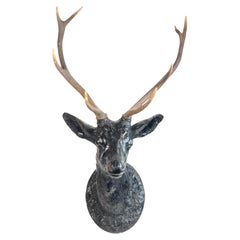 Stunning Large Folk Art Wood Carved Deer Head with Real Antlers, Austria 1910s