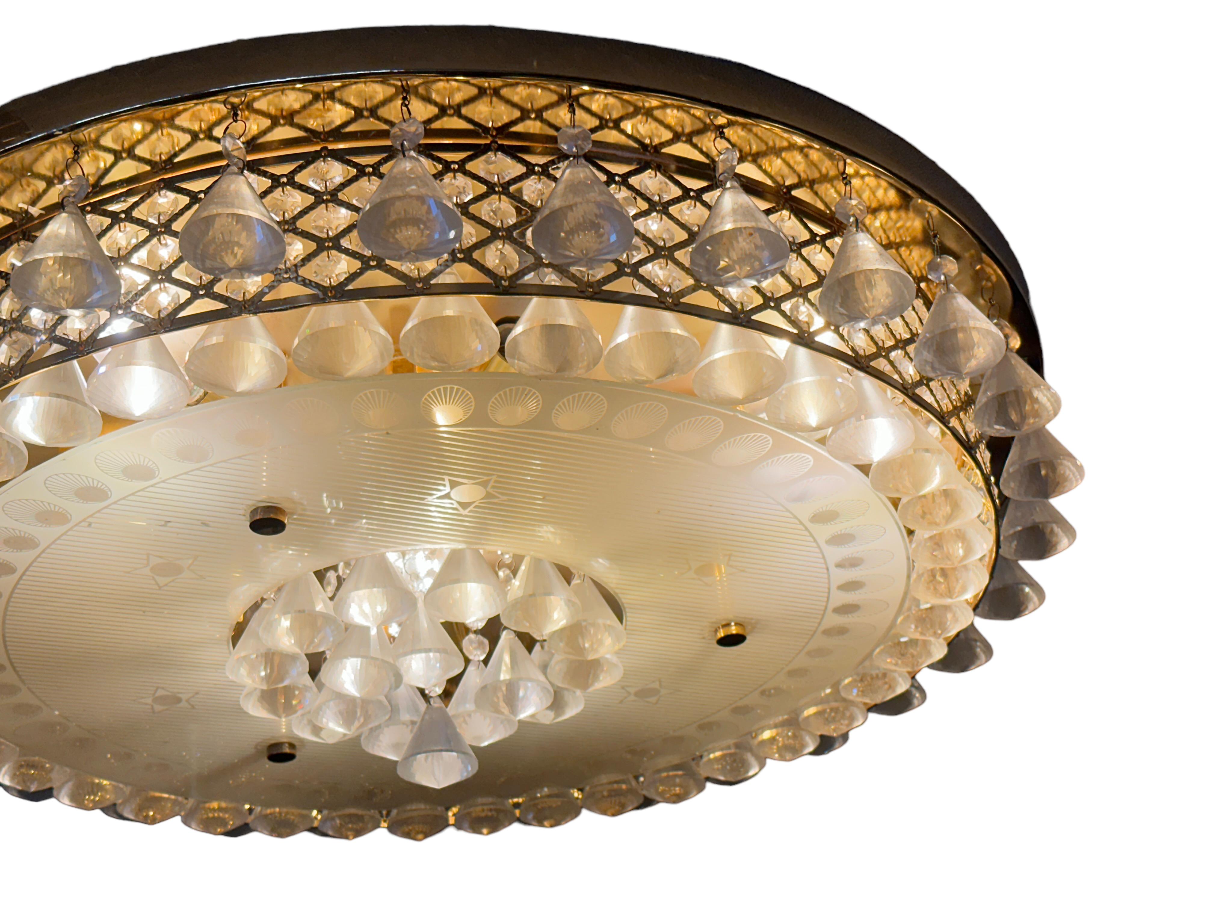 Stunning Large Gilt Brass Crystal Flush Mount Chandelier by Palwa Germany 1980s For Sale 4