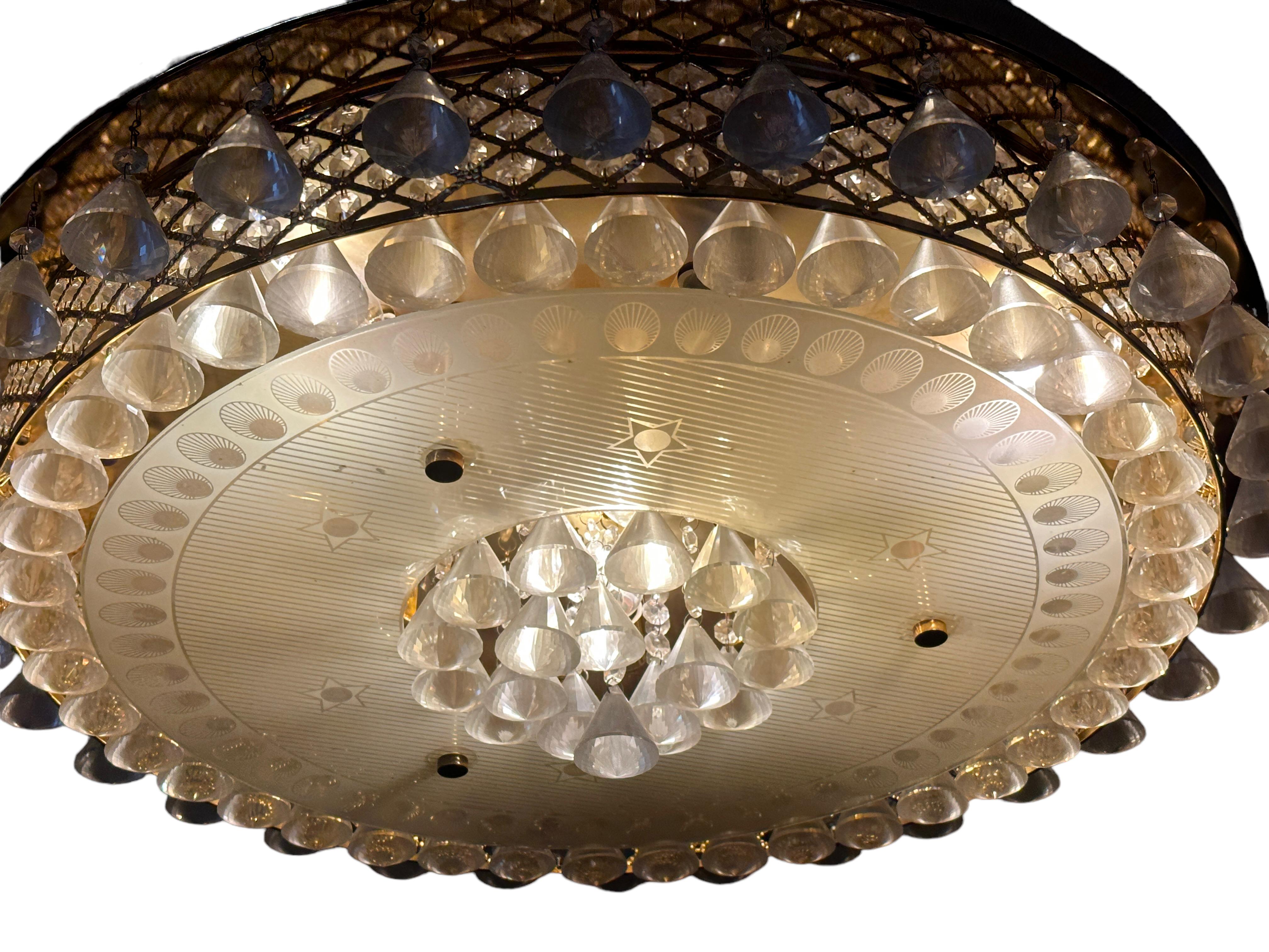 Stunning Large Gilt Brass Crystal Flush Mount Chandelier by Palwa Germany 1980s For Sale 5