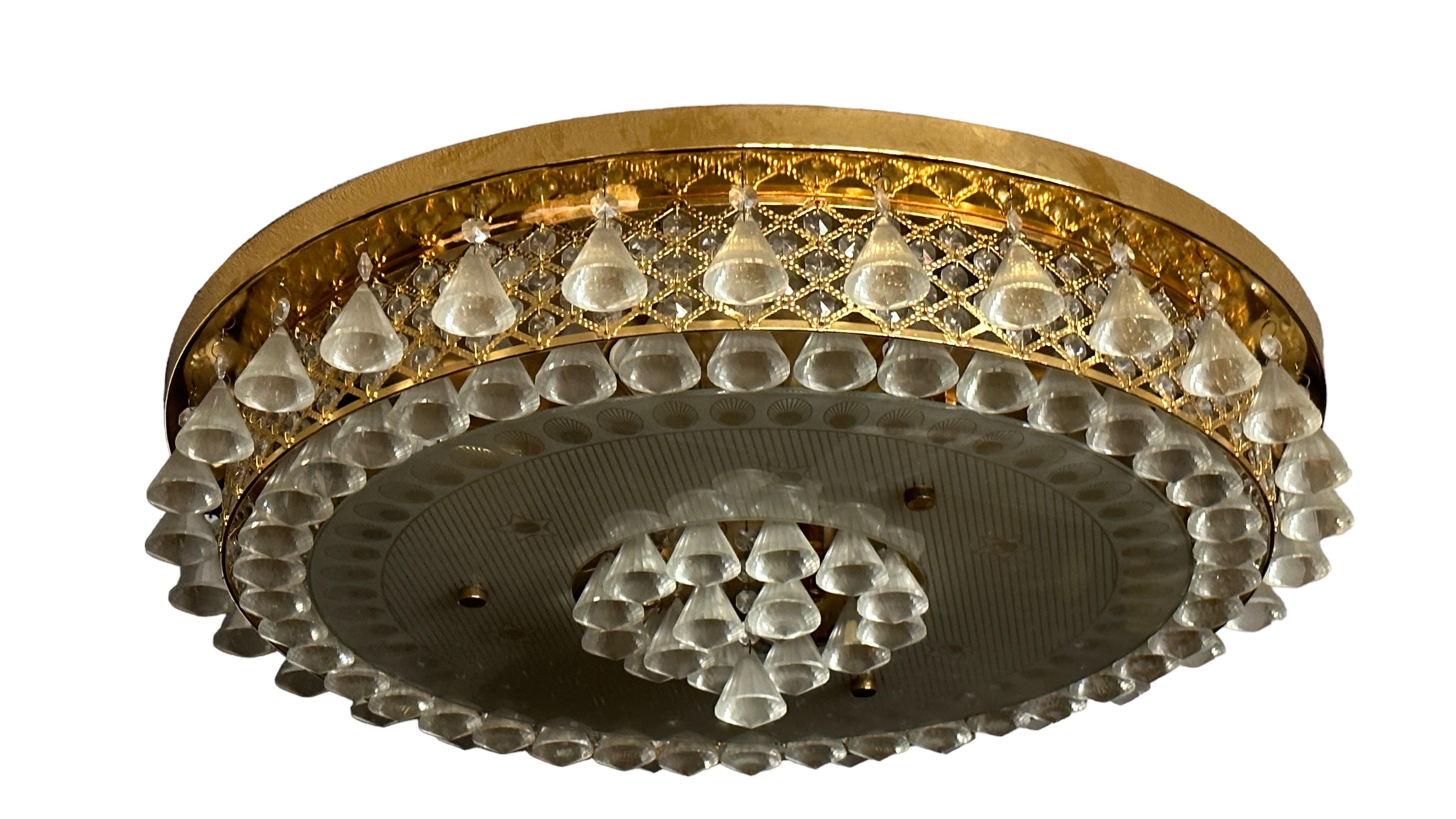 Stunning Large Gilt Brass Crystal Flush Mount Chandelier by Palwa Germany 1980s For Sale 7