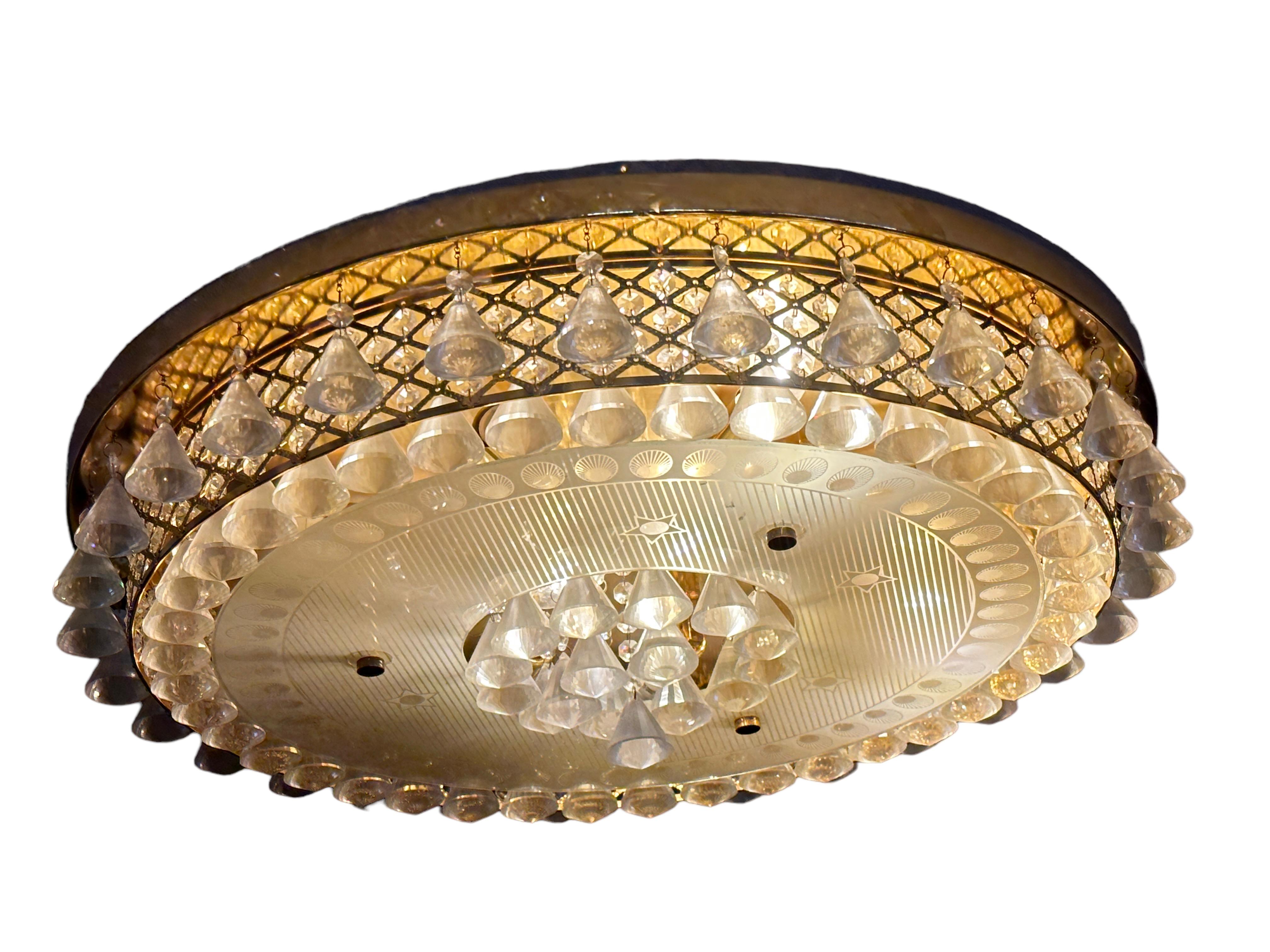 Stunning Large Gilt Brass Crystal Flush Mount Chandelier by Palwa Germany 1980s For Sale 1