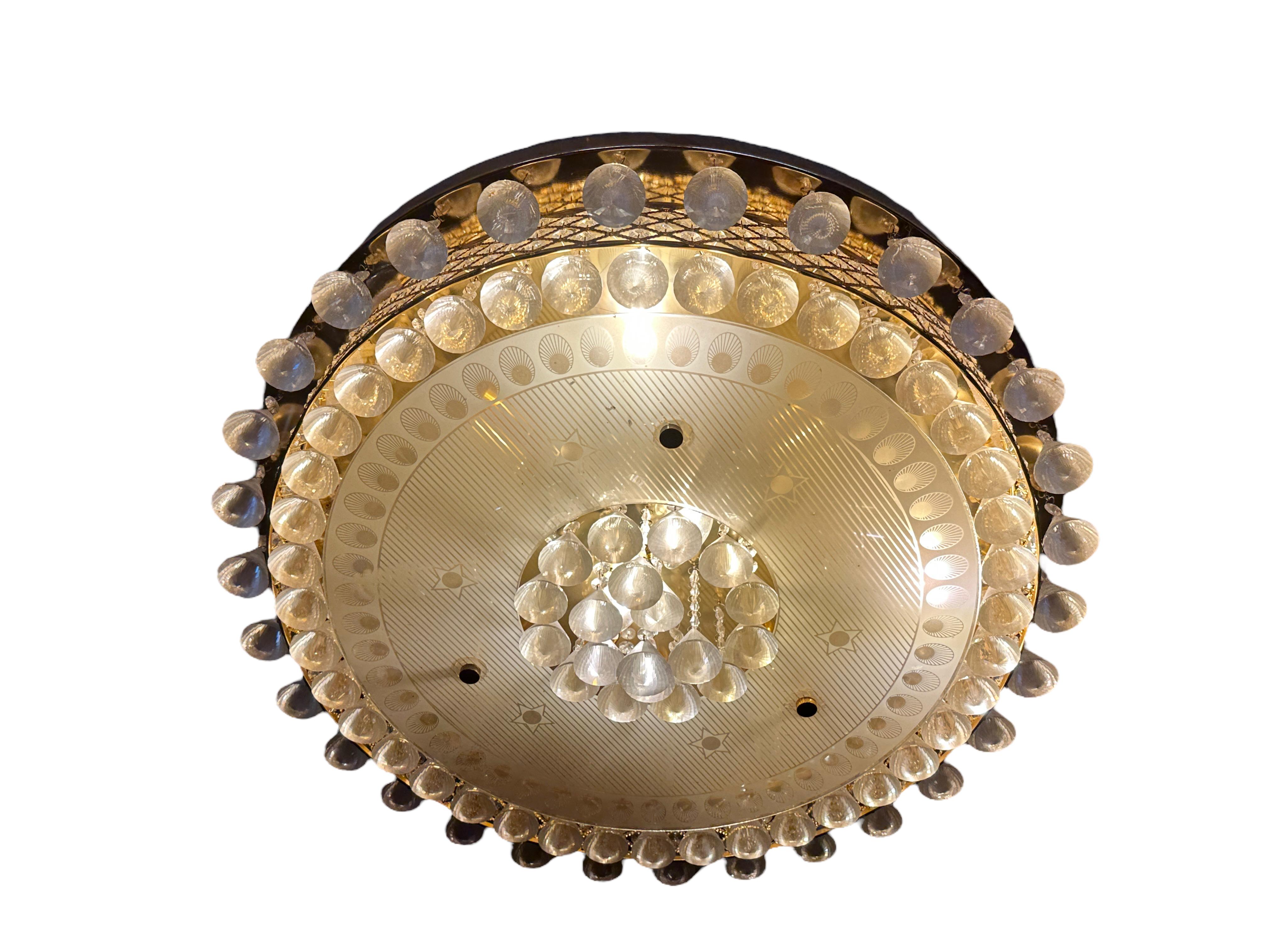 Stunning Large Gilt Brass Crystal Flush Mount Chandelier by Palwa Germany 1980s For Sale 3