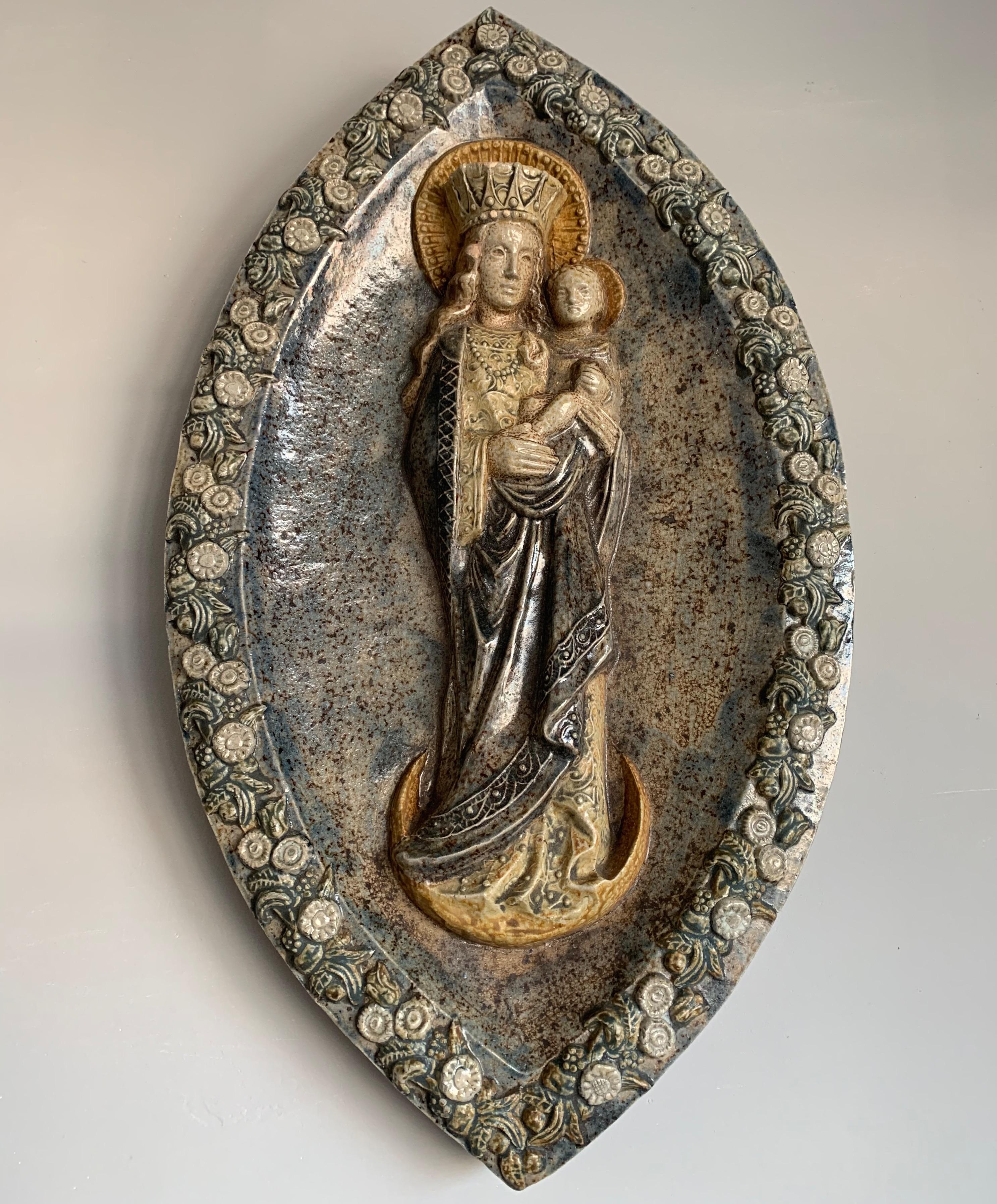 Stunning & Large, Glazed Ceramic Virgin Mary & Child Jesus Wall Plaque Sculpture 4
