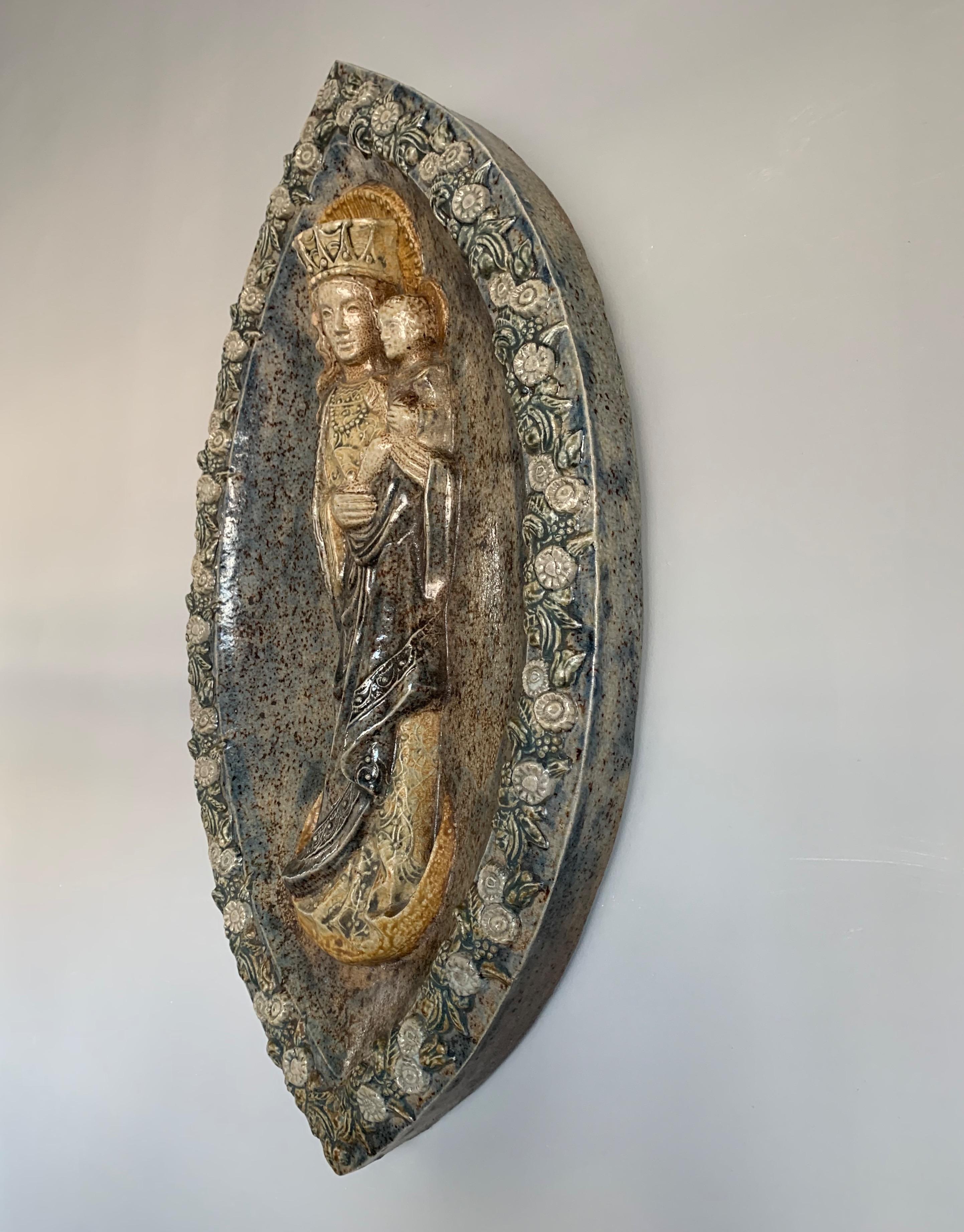 Stunning & Large, Glazed Ceramic Virgin Mary & Child Jesus Wall Plaque Sculpture 5