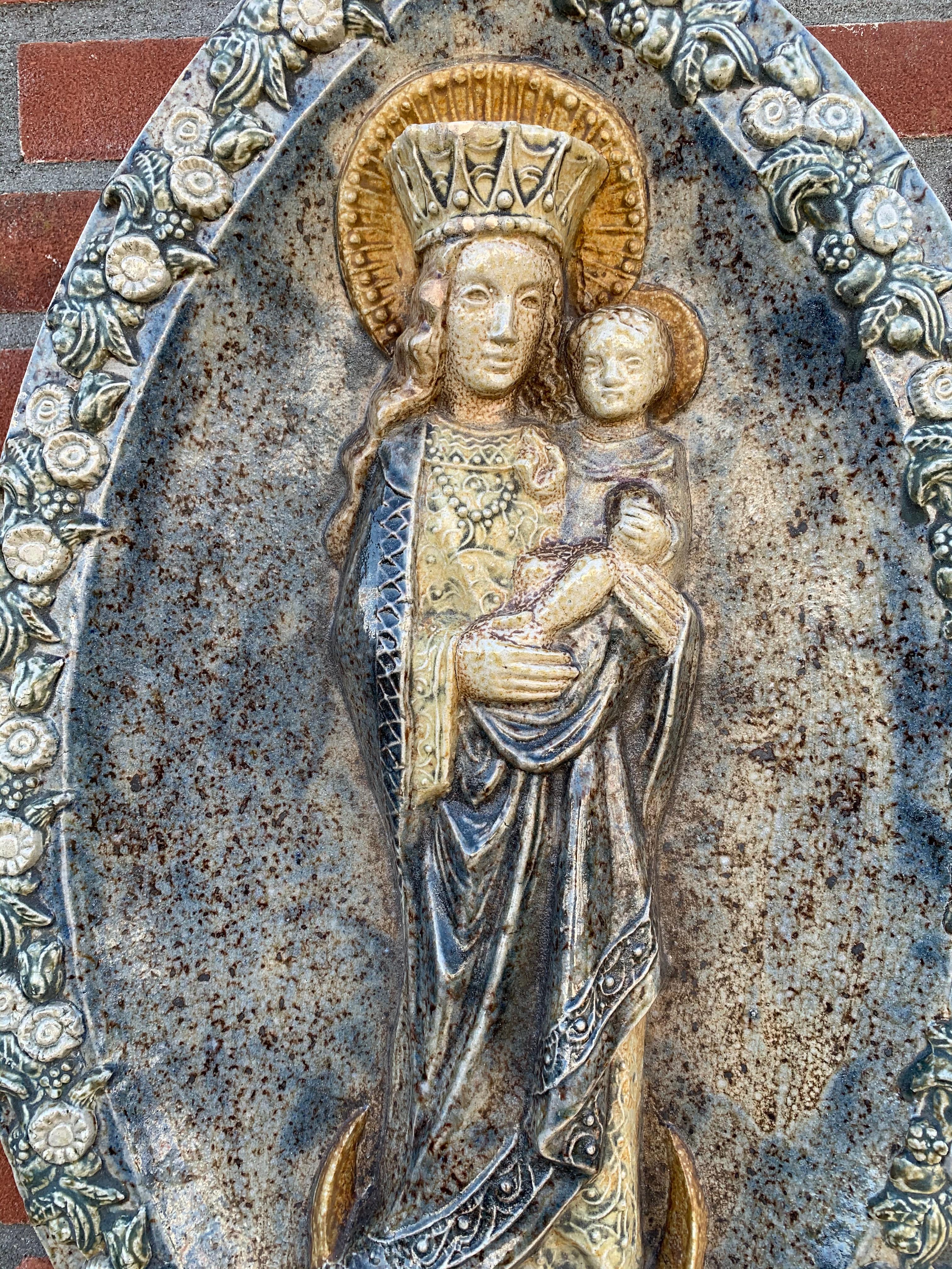 Stunning & Large, Glazed Ceramic Virgin Mary & Child Jesus Wall Plaque Sculpture 6