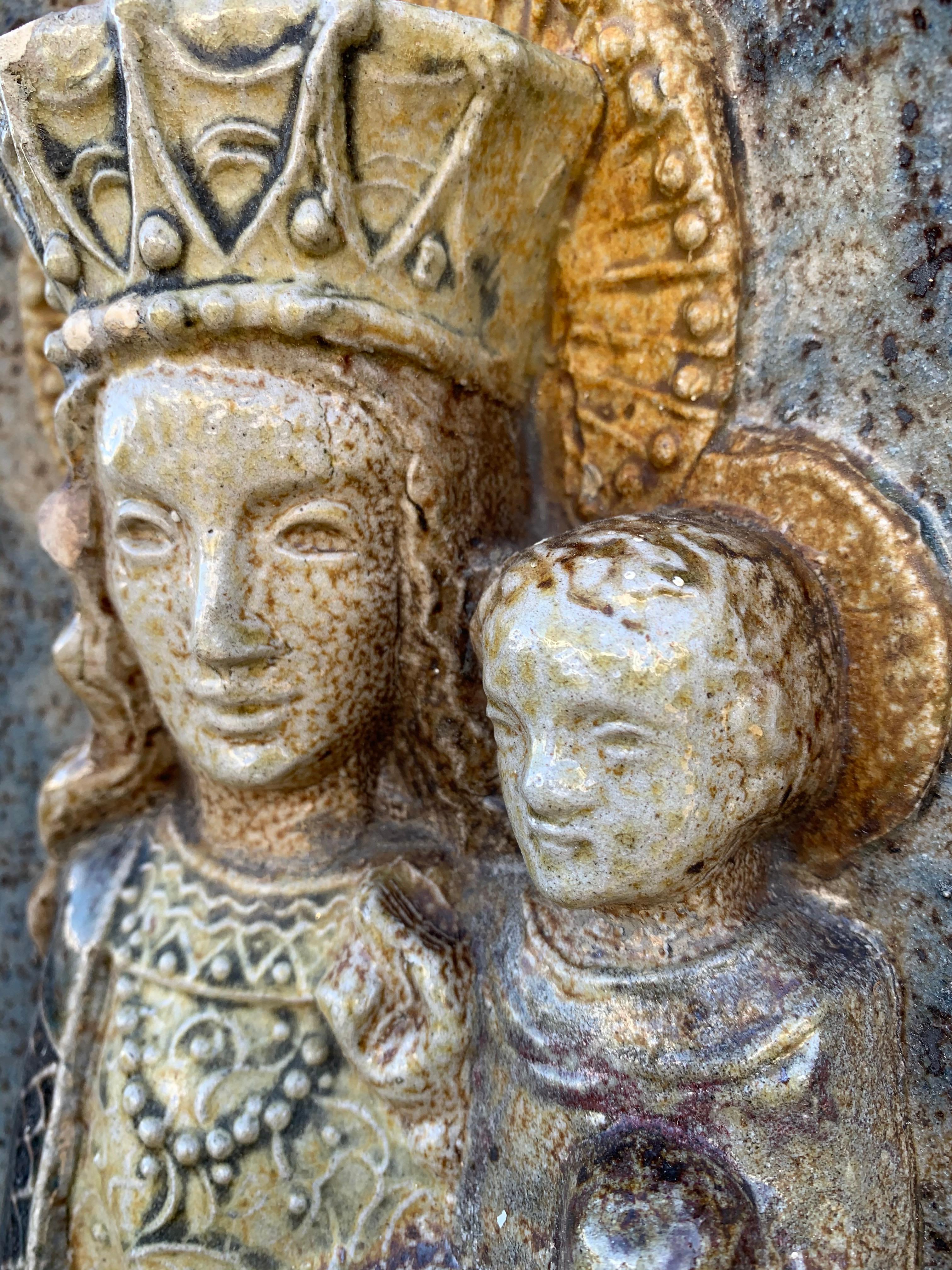 Stunning & Large, Glazed Ceramic Virgin Mary & Child Jesus Wall Plaque Sculpture 8