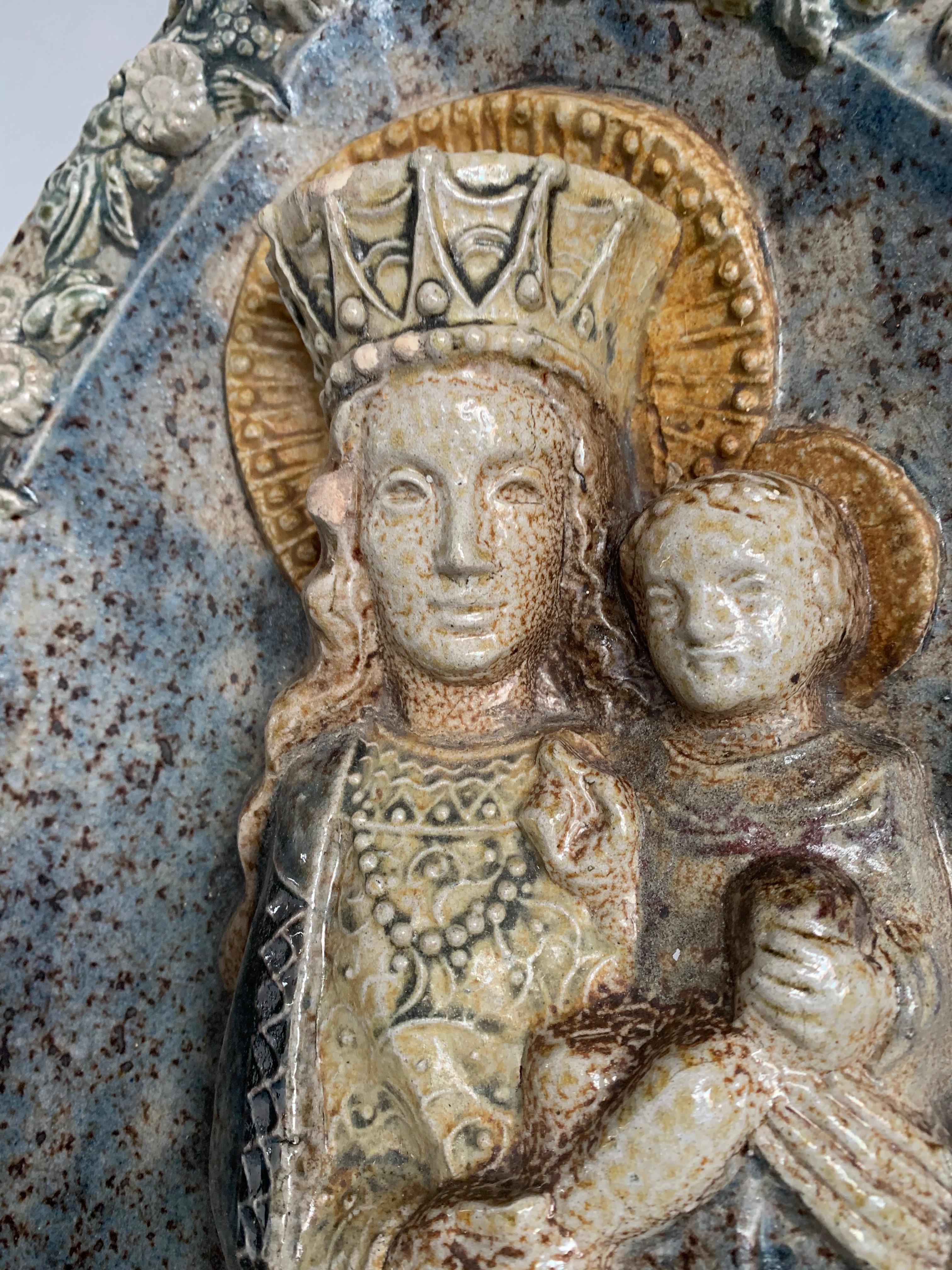 Stunning & Large, Glazed Ceramic Virgin Mary & Child Jesus Wall Plaque Sculpture 9