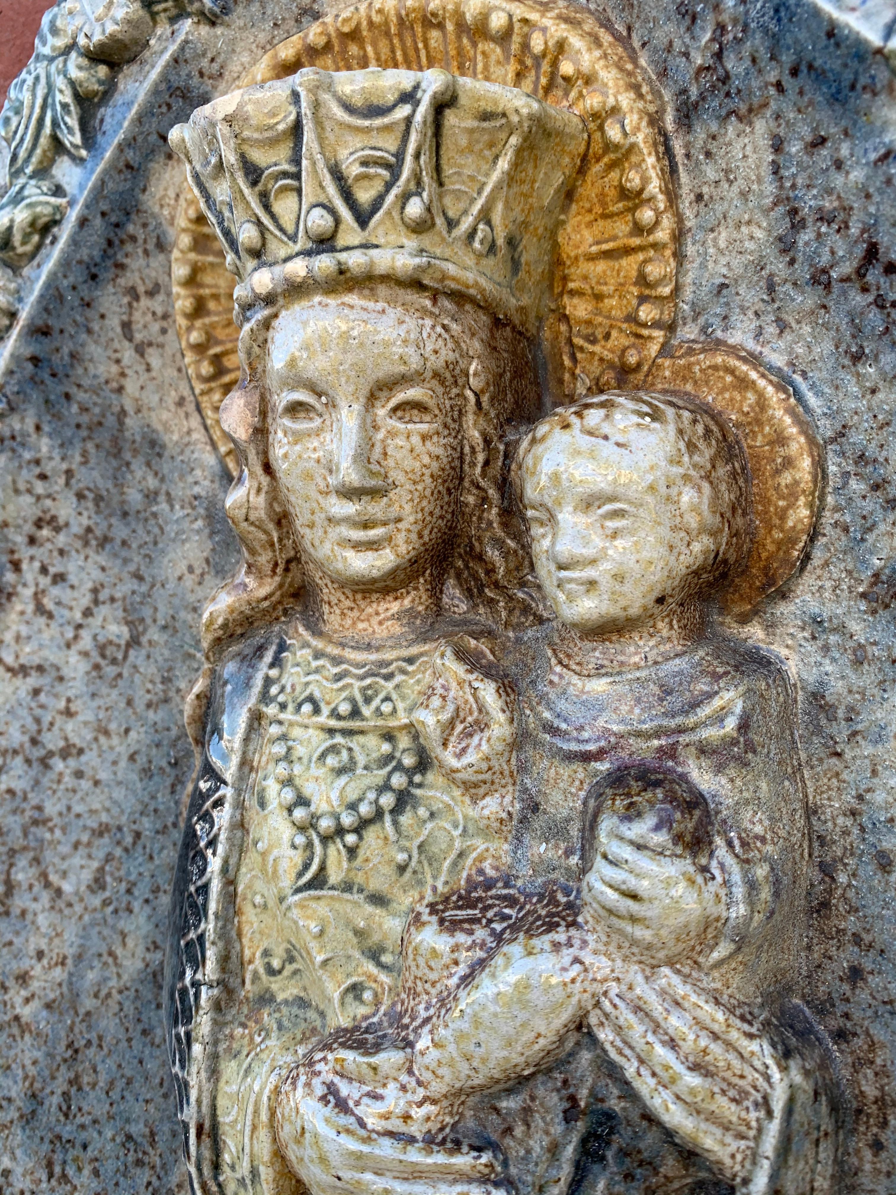 Gothic Stunning & Large, Glazed Ceramic Virgin Mary & Child Jesus Wall Plaque Sculpture