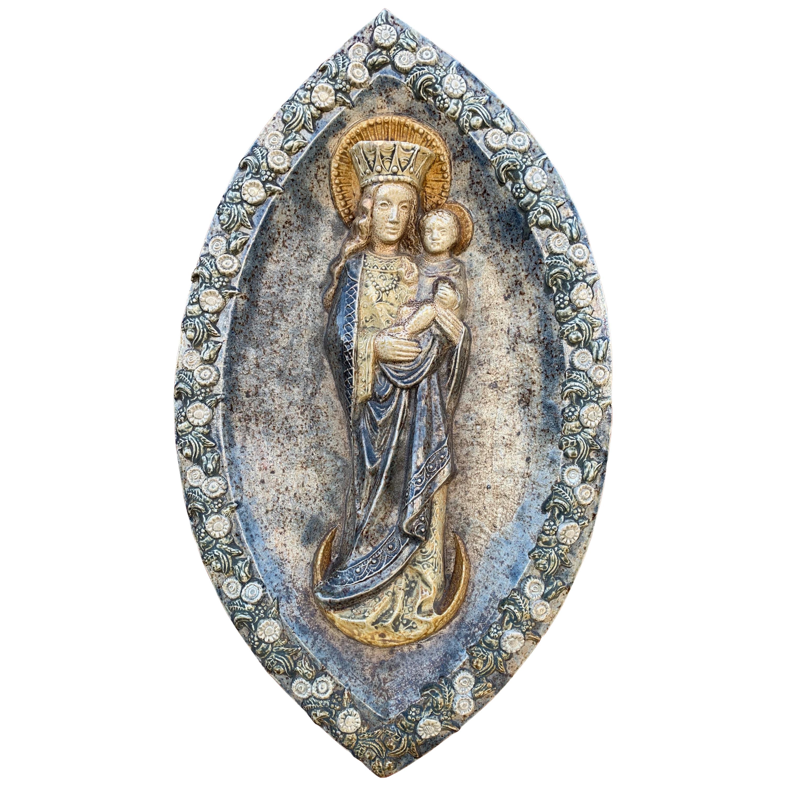 Stunning & Large, Glazed Ceramic Virgin Mary & Child Jesus Wall Plaque Sculpture